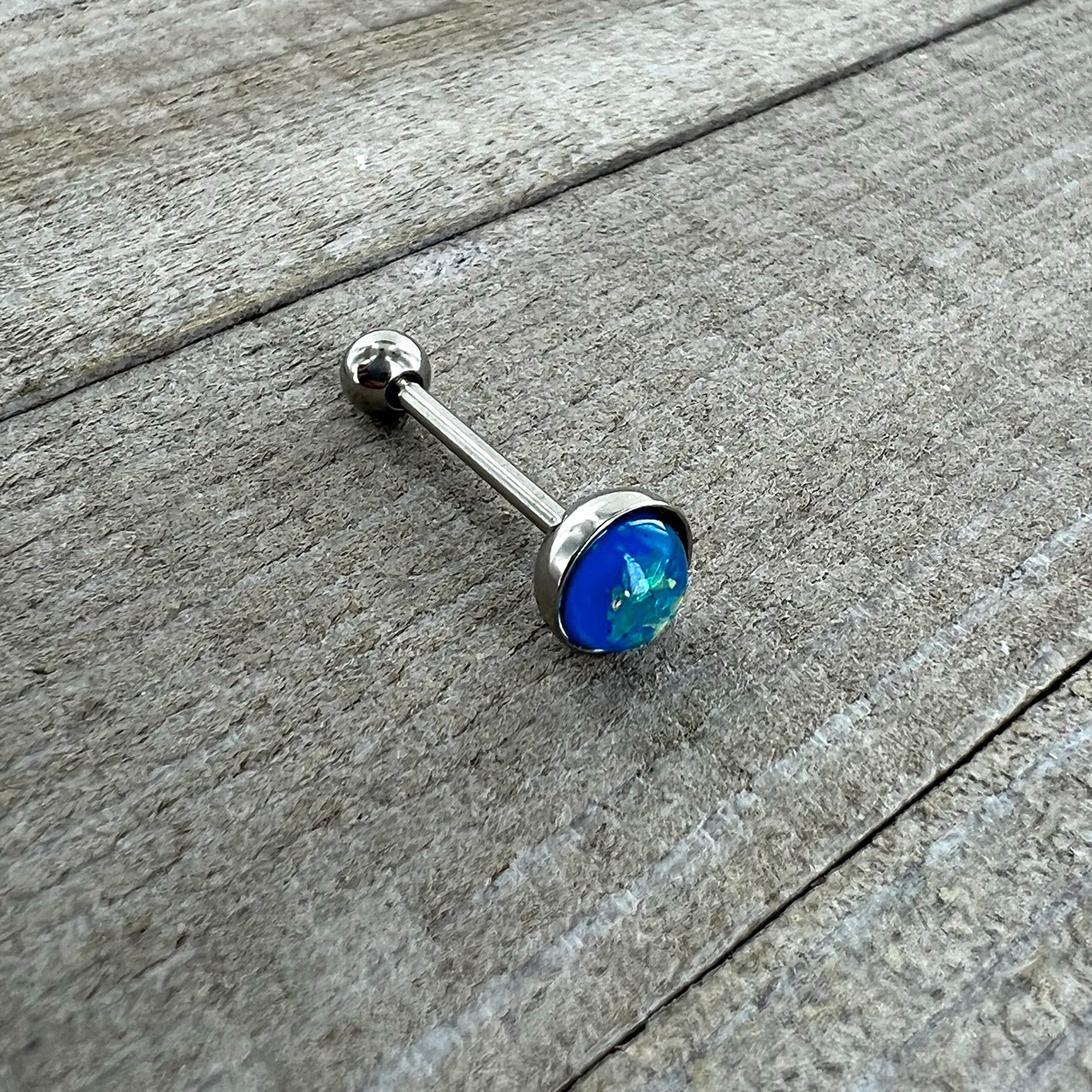 Blue Faux Opal Disc Top Barbell Tongue Ring