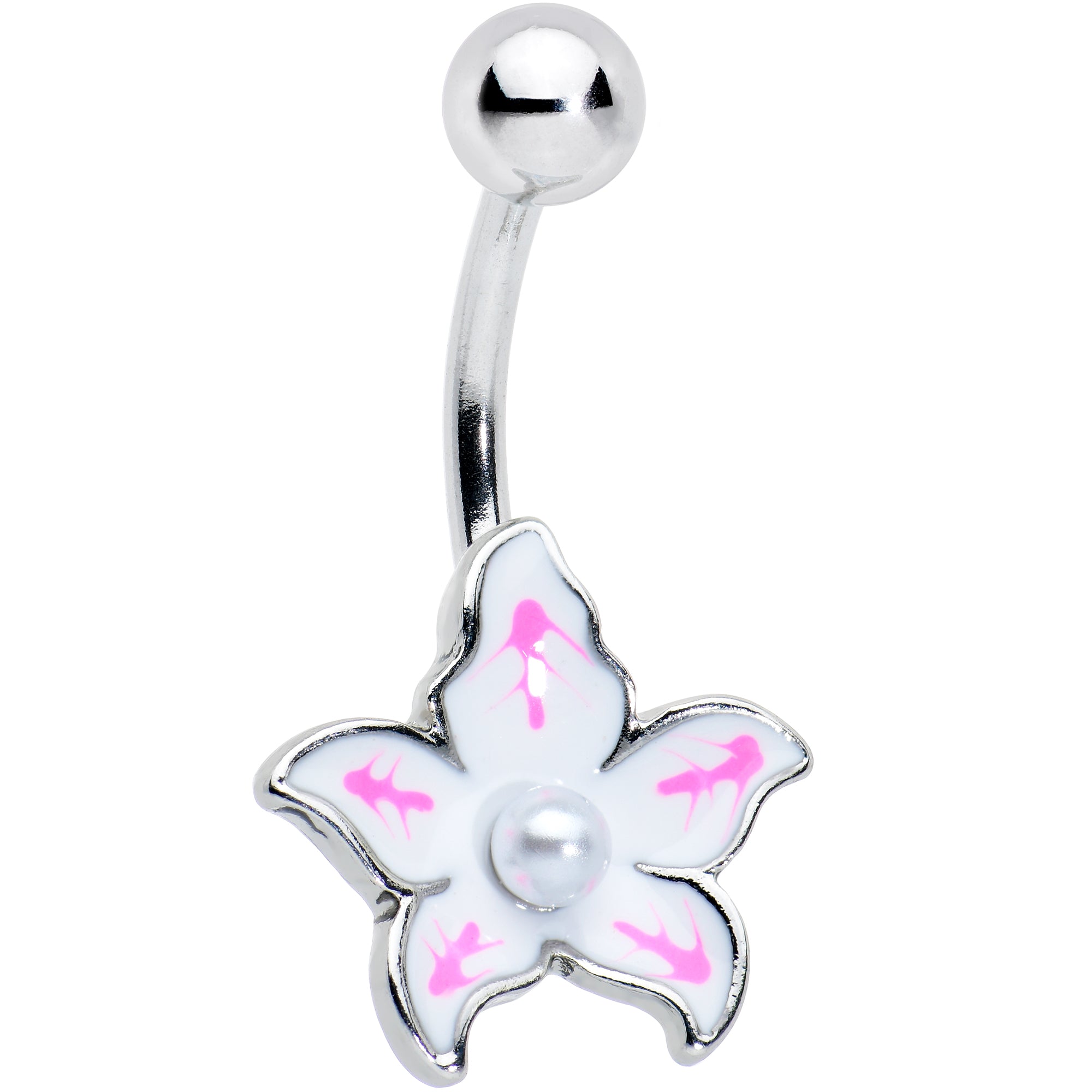 White Pearlescent Center Pink White Flower Belly Ring