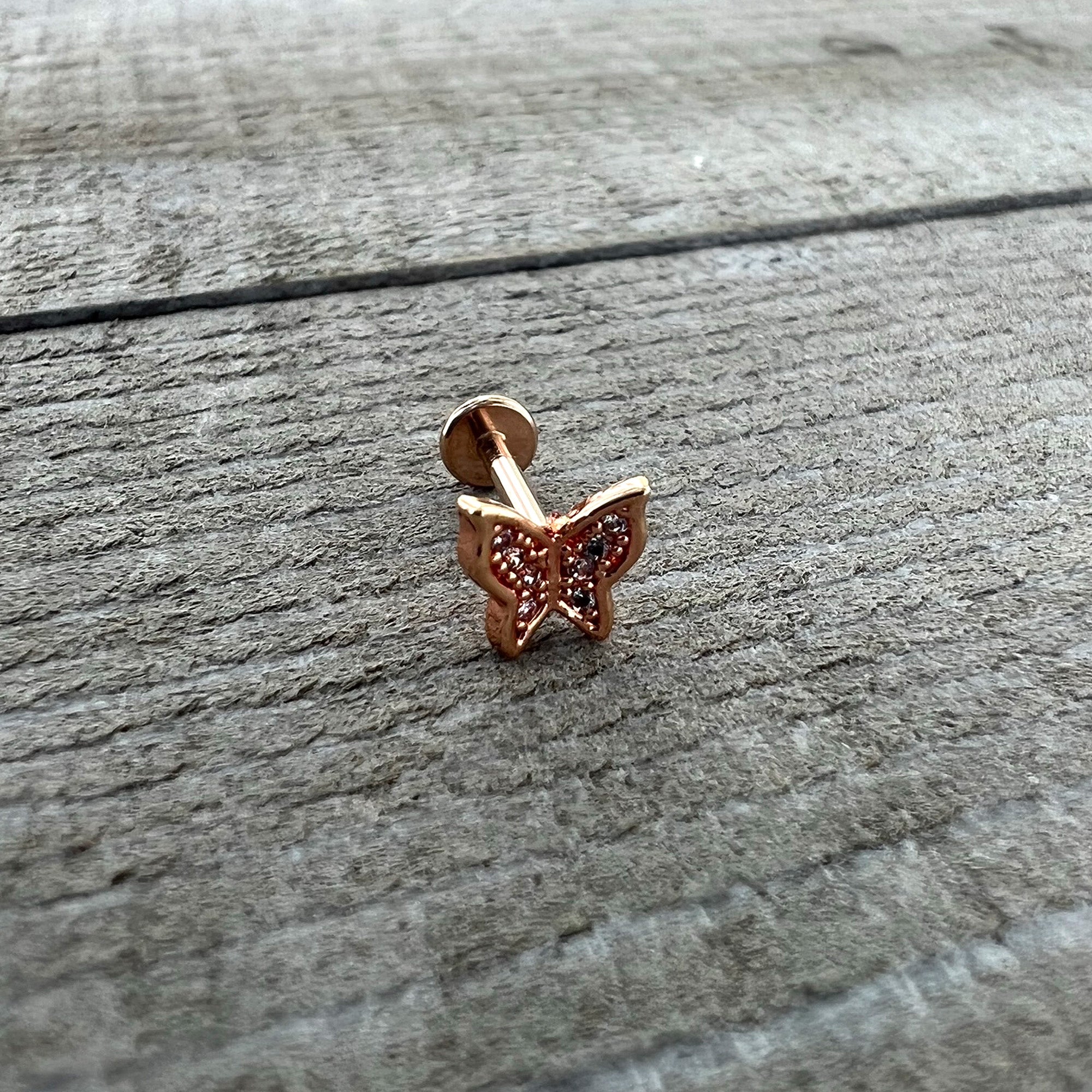 16G 5/16 Clear Gem Rosy Tone Butterfly Internally Threaded Labret