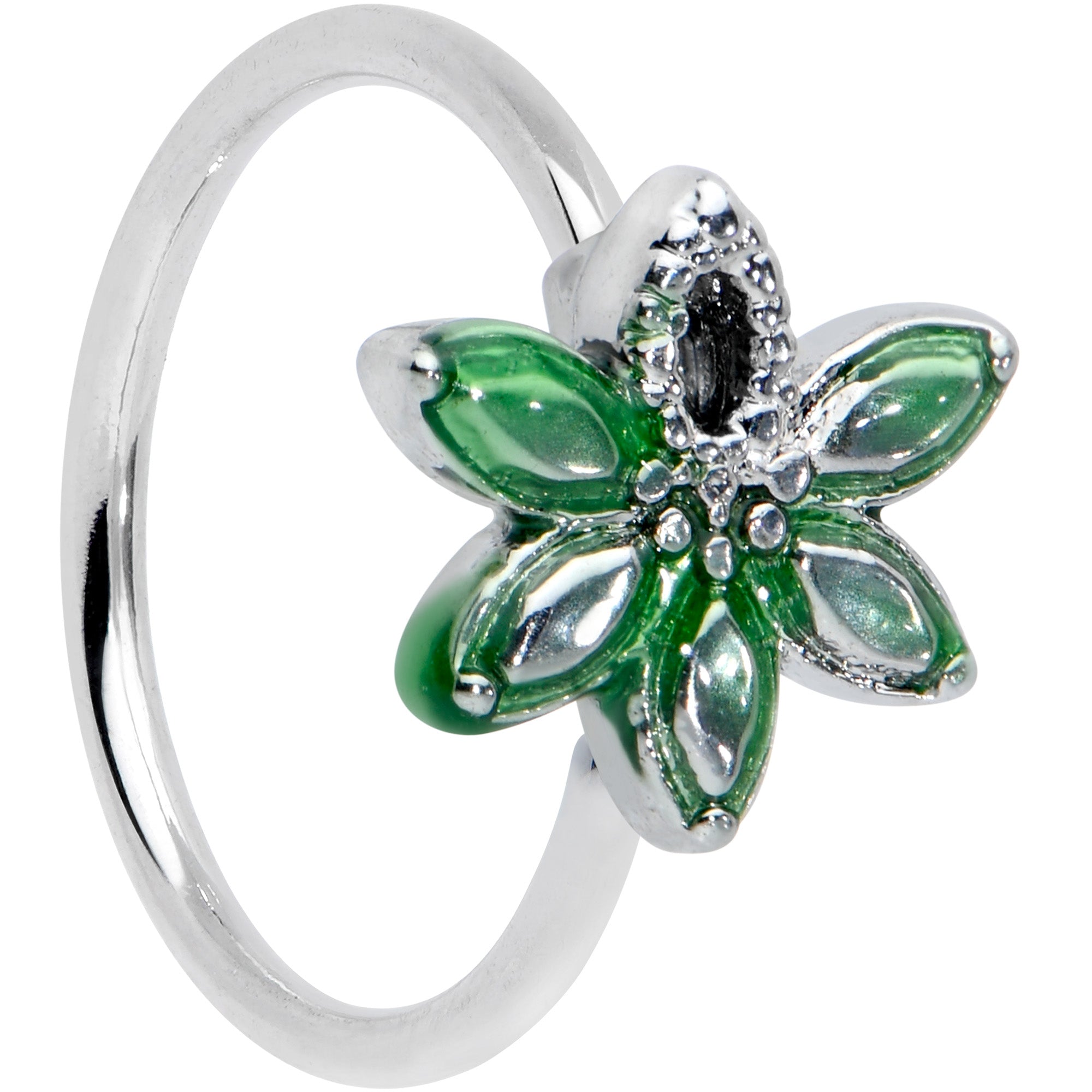 20G 5/16 Green Gem Textured Pot Leaf Nose Hoop