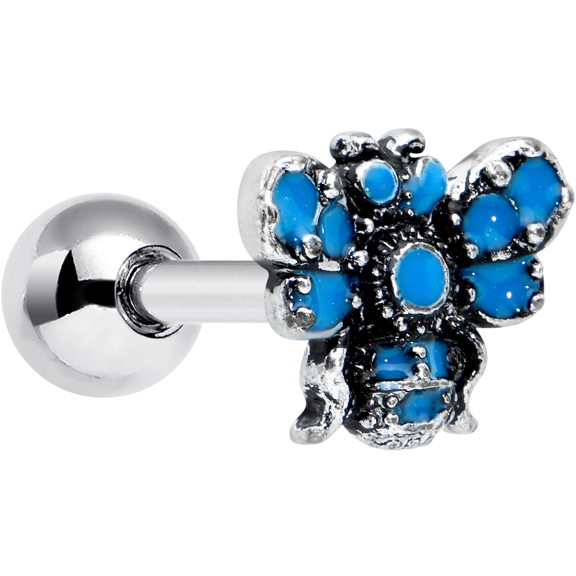 16G 1/4 Textured Blue Butterfly Cartilage Tragus Earring