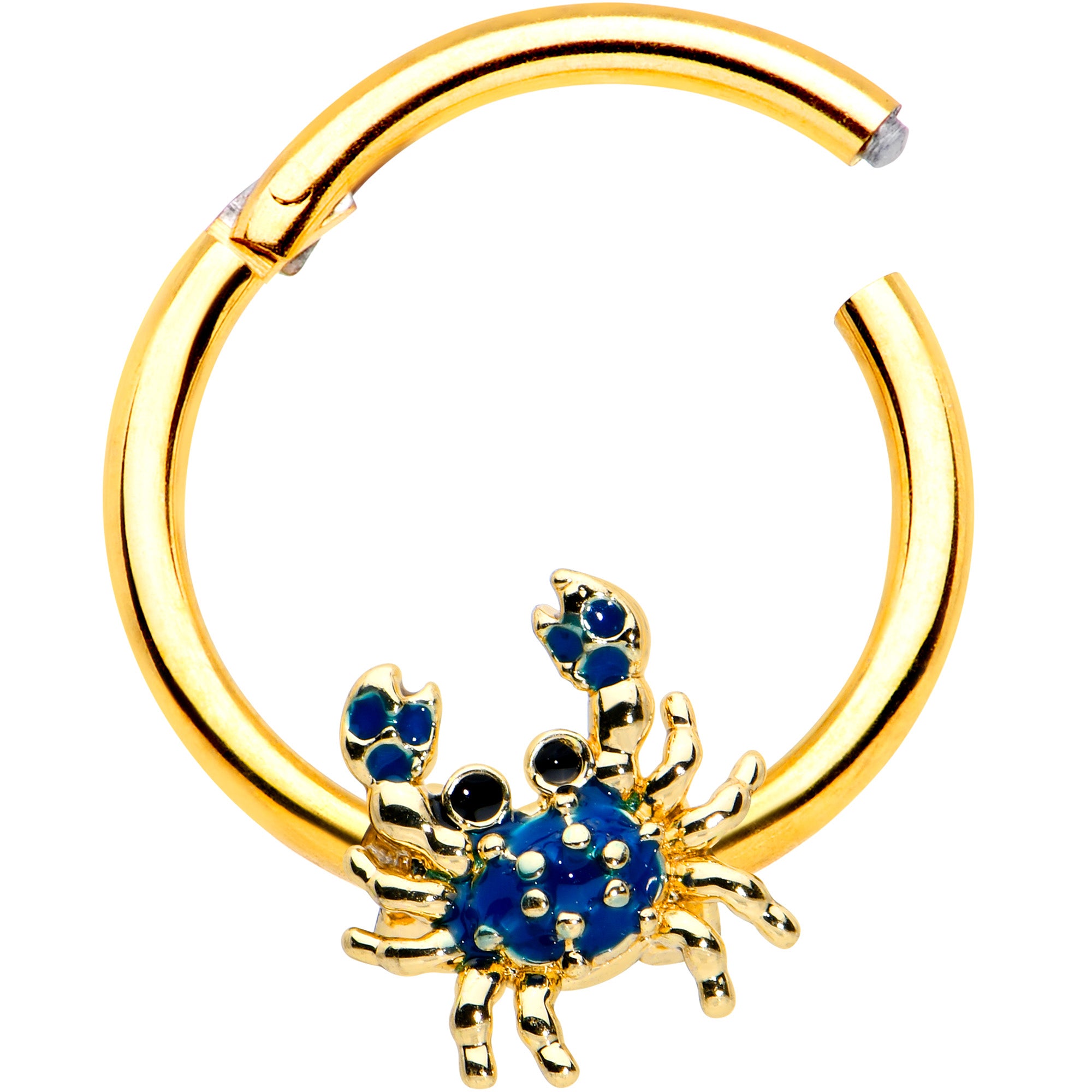 16G 3/8 Gold Tone Blue Crab Nautical Hinged Segment Ring