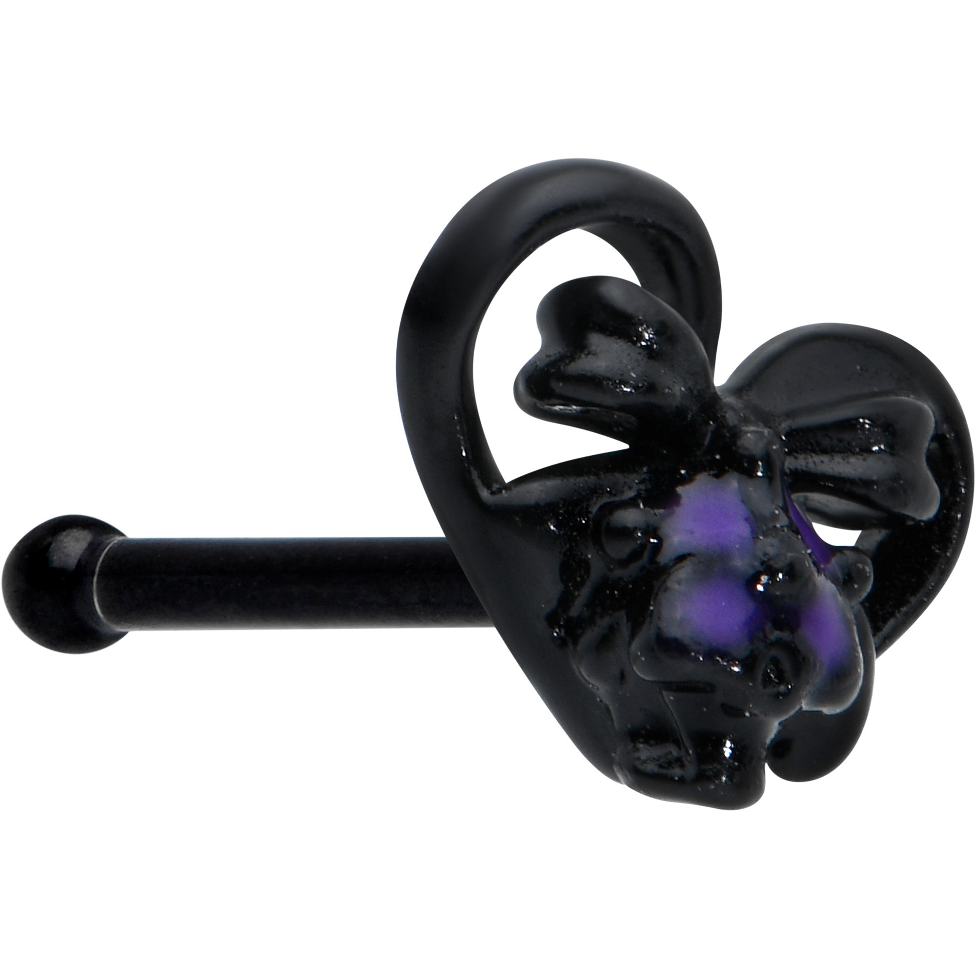 20 Gauge 1/4 Black Purple Skull Bow Heart Nose Bone