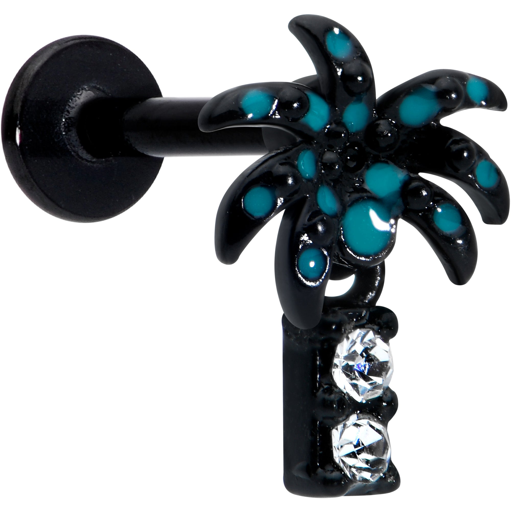 16G 5/16 Clear Gem Black Night Palm Tree Dangle Labret Tragus