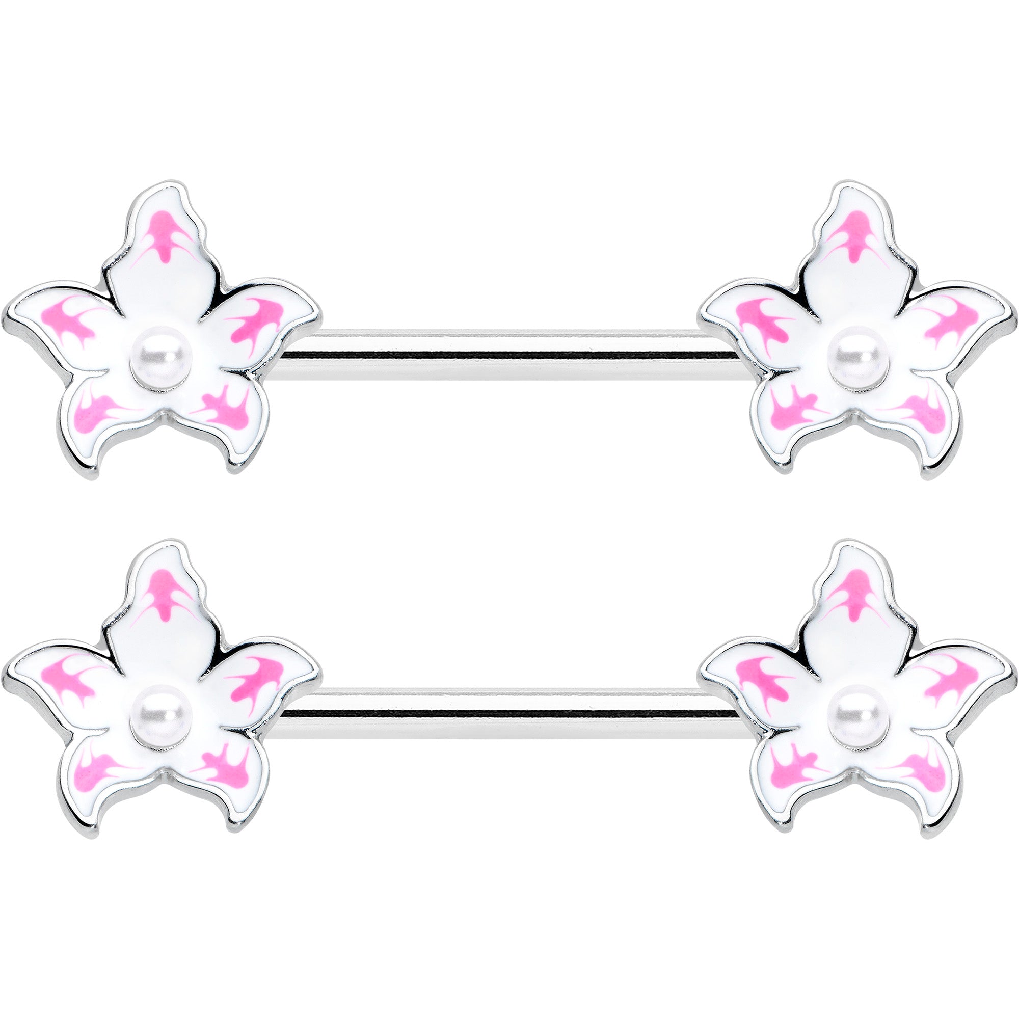 14G 9/16 Pearlescent Orb Pink White Flower Barbell Nipple Ring Set