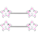 14 Gauge 9/16 Pearlescent Orb Pink White Flower Barbell Nipple Ring Set