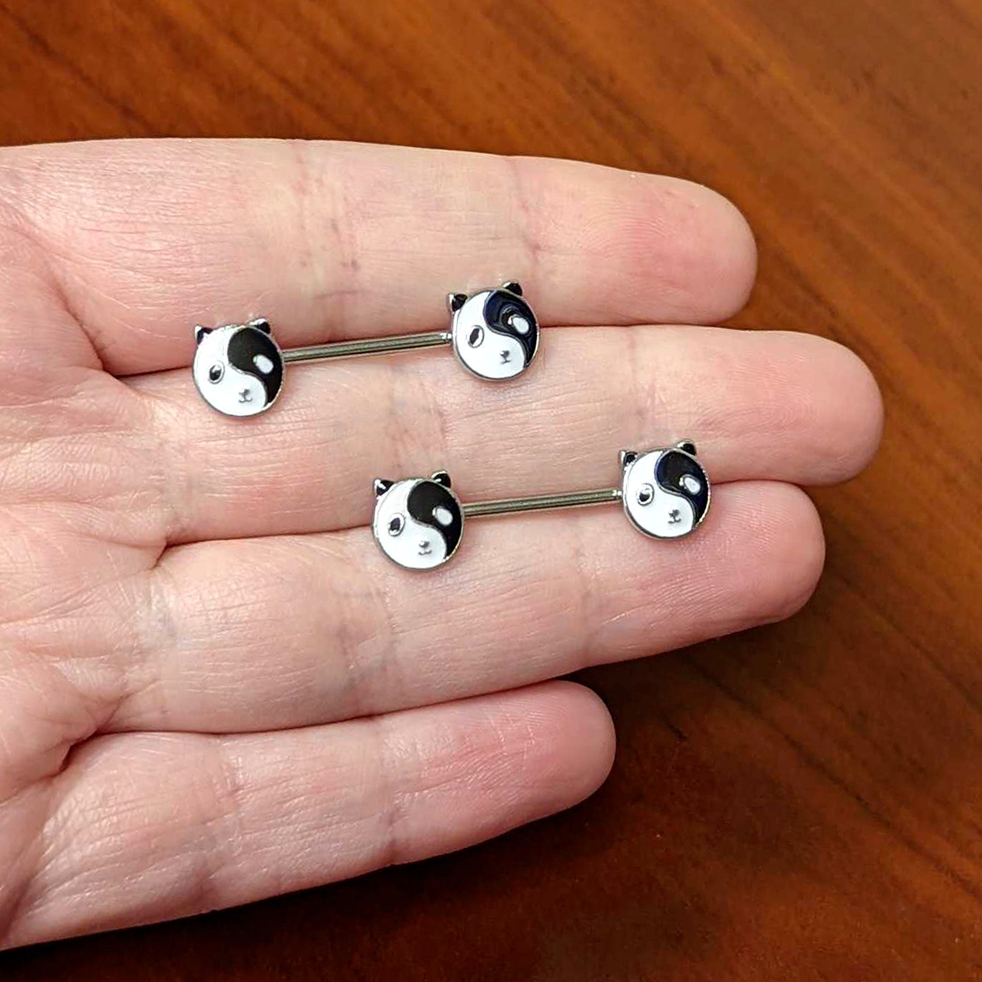 14G 9/16 Yin Yang Panda Bear Barbell Nipple Ring Set