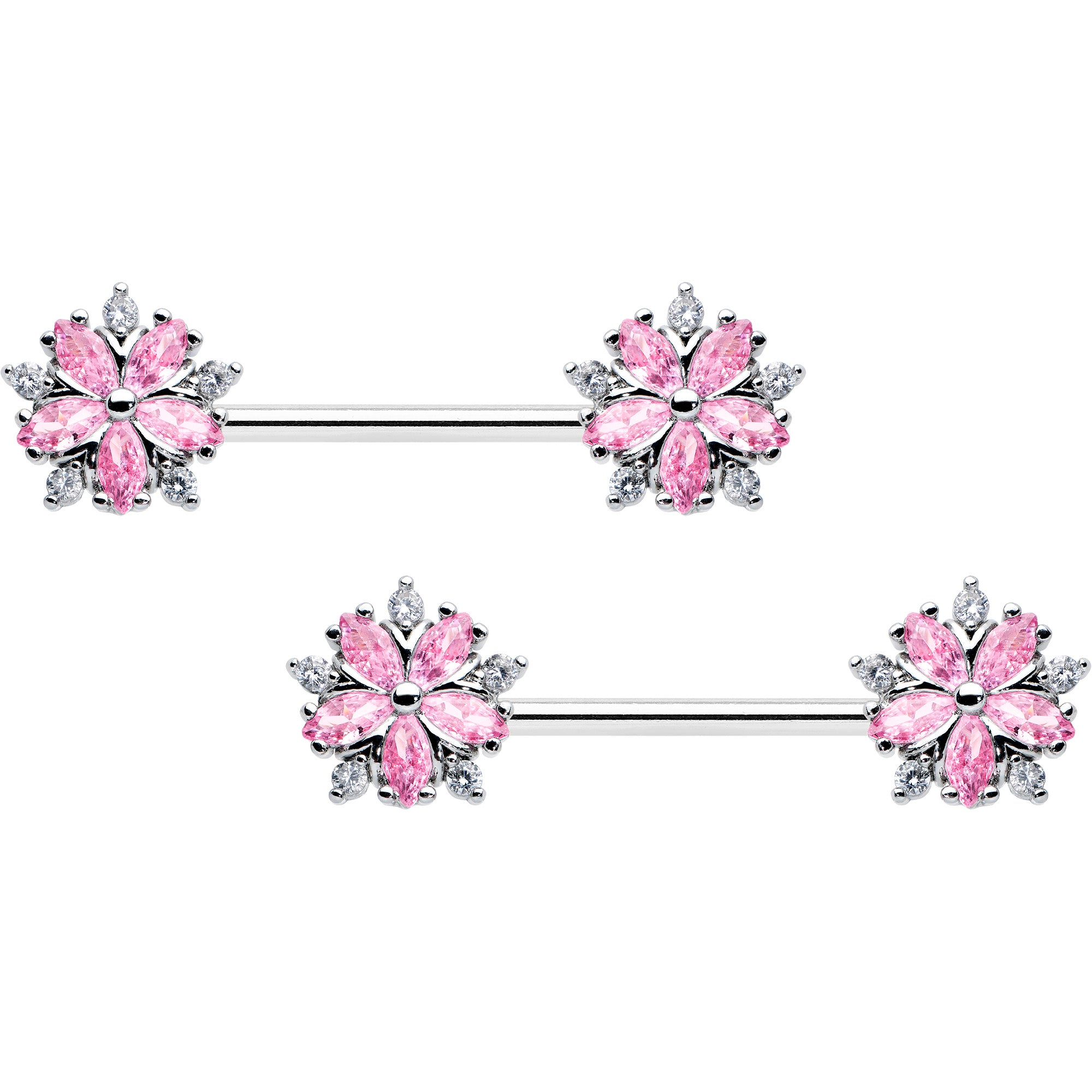 Pink Lifting Rings 14 Gauge 9/16 Pink CZ Gem Floral Burst Barbell Nipple Ring Set