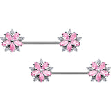 14 Gauge 9/16 Pink CZ Gem Floral Burst Barbell Nipple Ring Set