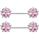 14 Gauge 9/16 Pink CZ Gem Floral Burst Barbell Nipple Ring Set
