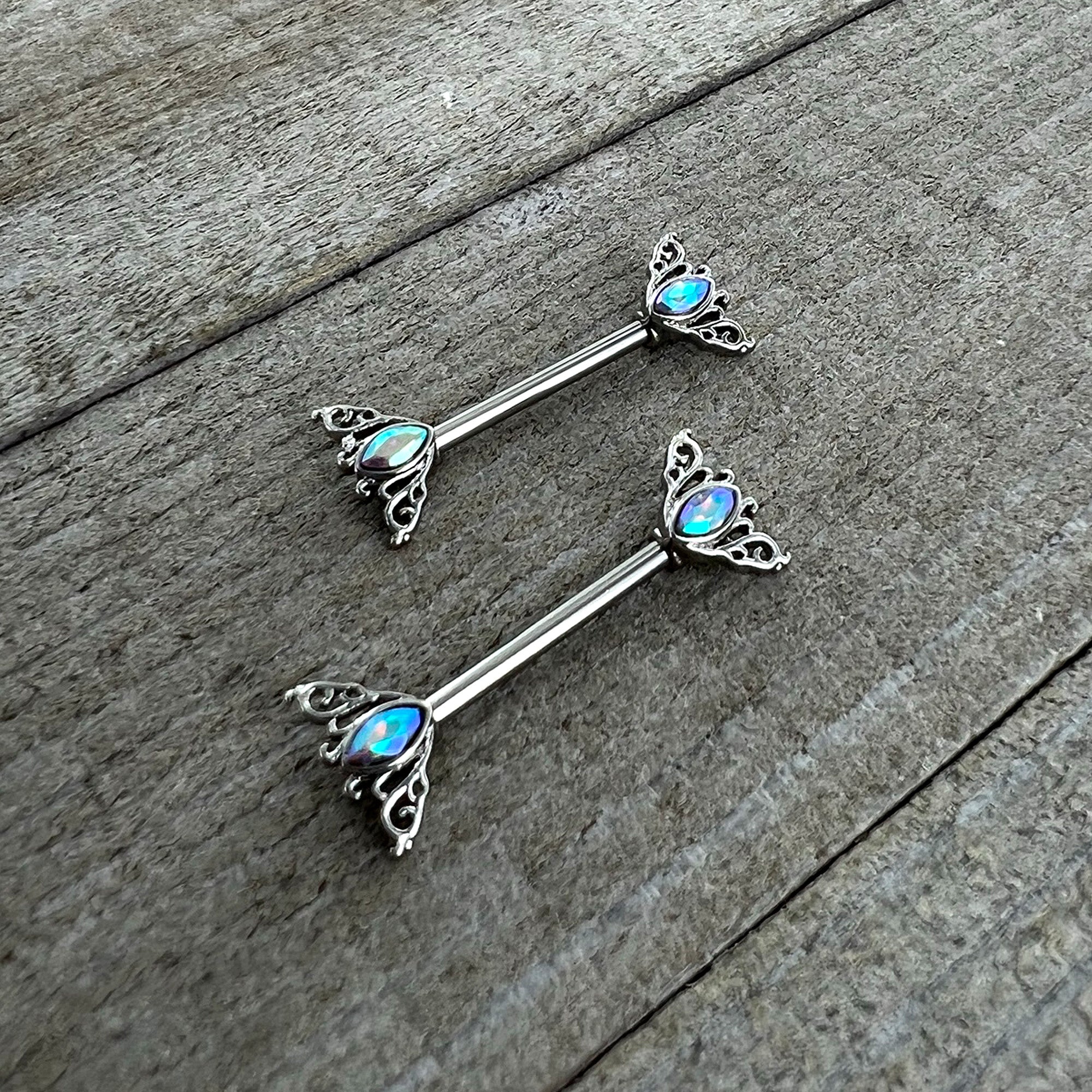 14G 9/16 Aurora Gem Deco Waves Barbell Nipple Ring Set