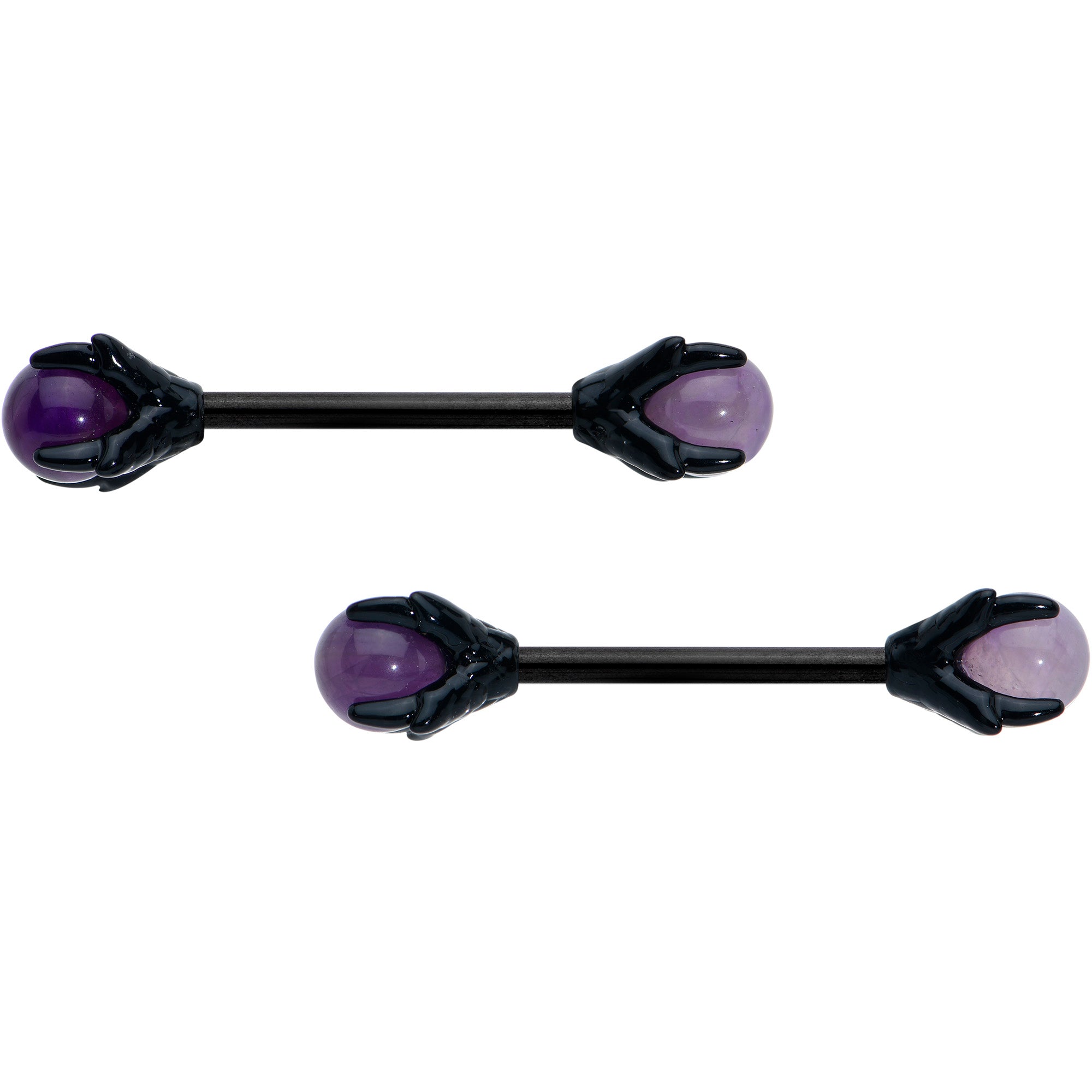 14 Gauge 9/16 Purple Amethyst Black Skeleton Hand Nipple Ring Set