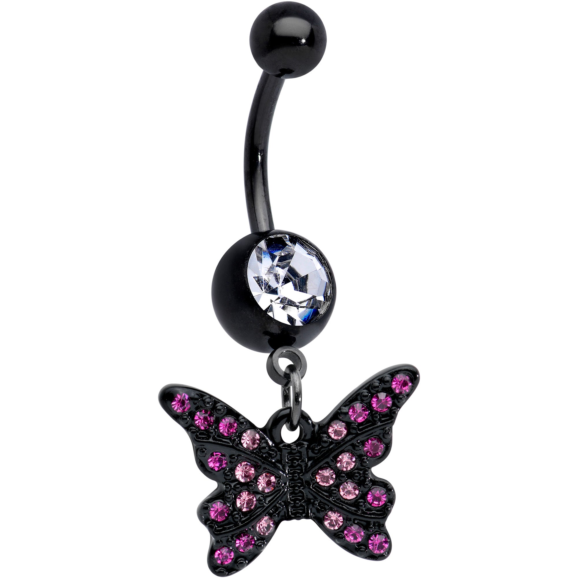 Clear Pink Gem Black Midnight Butterfly Dangle Belly Ring