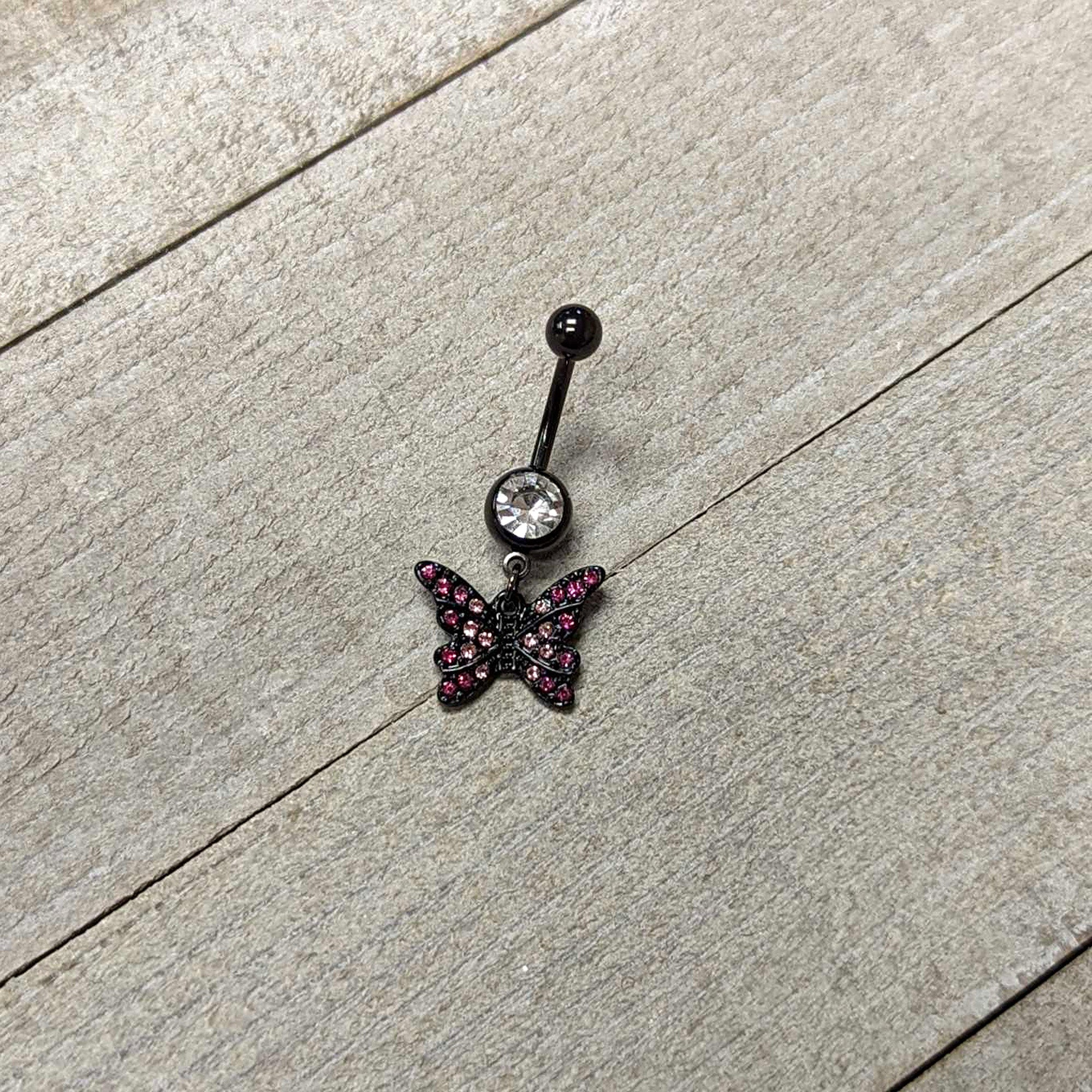 Clear Pink Gem Black Midnight Butterfly Dangle Belly Ring