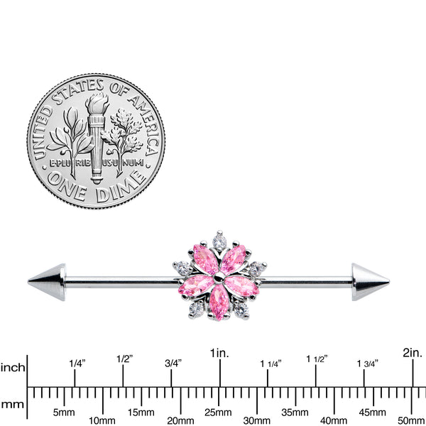 14 Gauge Pink CZ Gem Floral Baroque Burst Cone Industrial Barbell 38mm