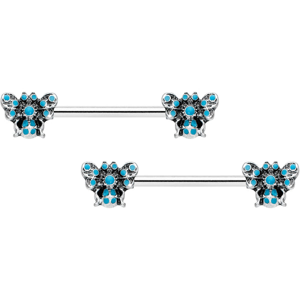 14 Gauge 9/16 Textured Blue Butterfly Barbell Nipple Ring Set
