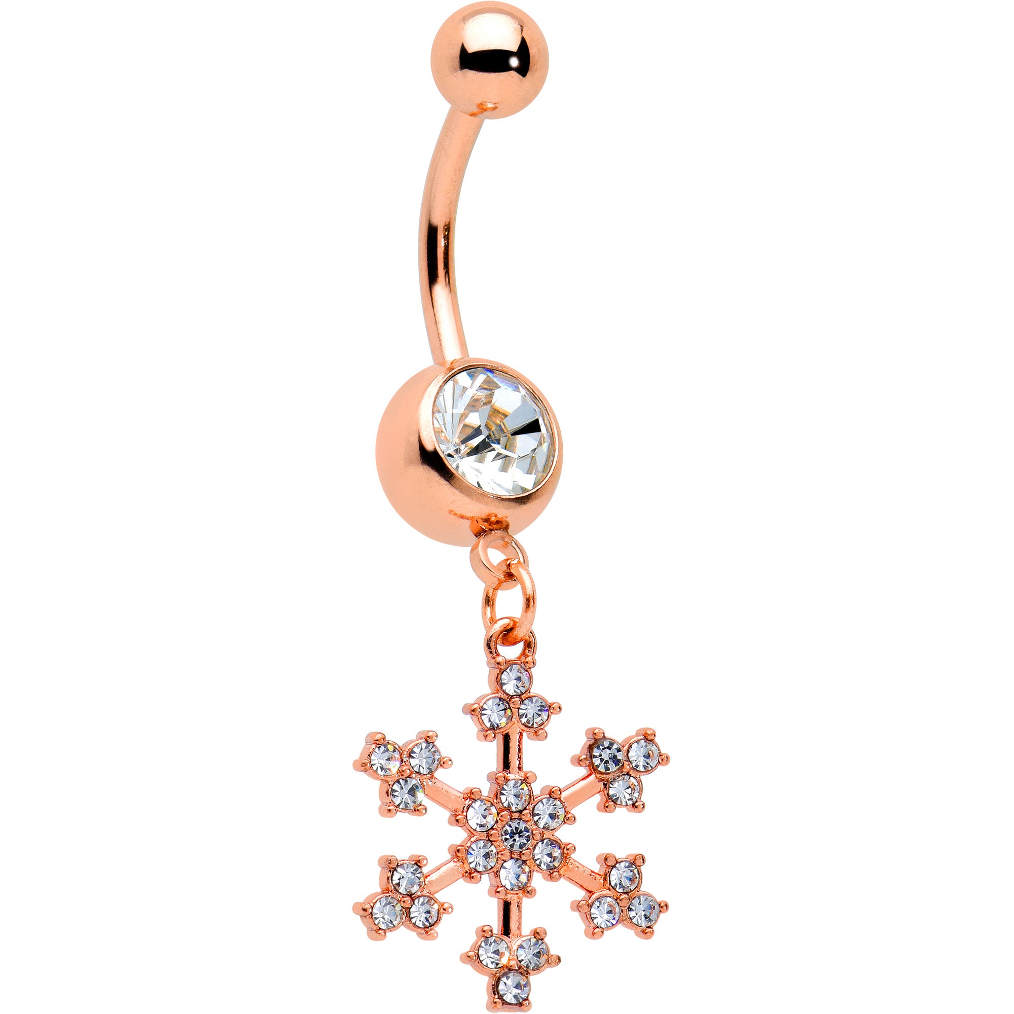 Clear Gem Rose Gold Tone Square Snowflake Holiday Dangle Belly Ring