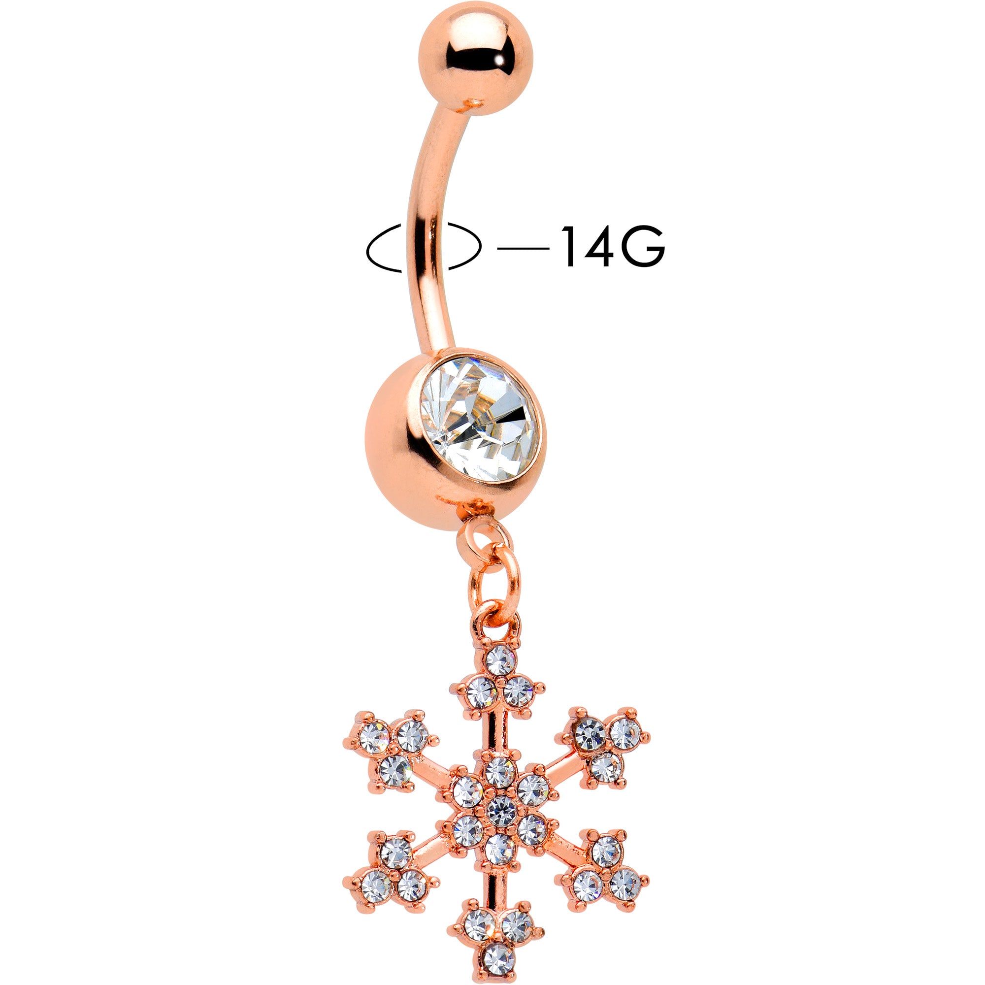 Clear Gem Rose Gold Tone Square Snowflake Holiday Dangle Belly Ring