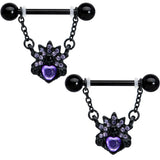 14 Gauge 9/16 Purple Gem Black Skull Blossom Dangle Nipple Ring Set