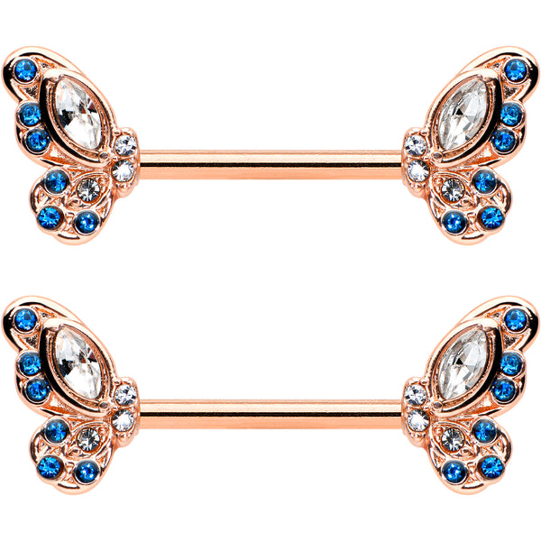 14 Gauge 9/16 Clear Blue Gem Rosy Tone Butterfly Wing Nipple Ring Set