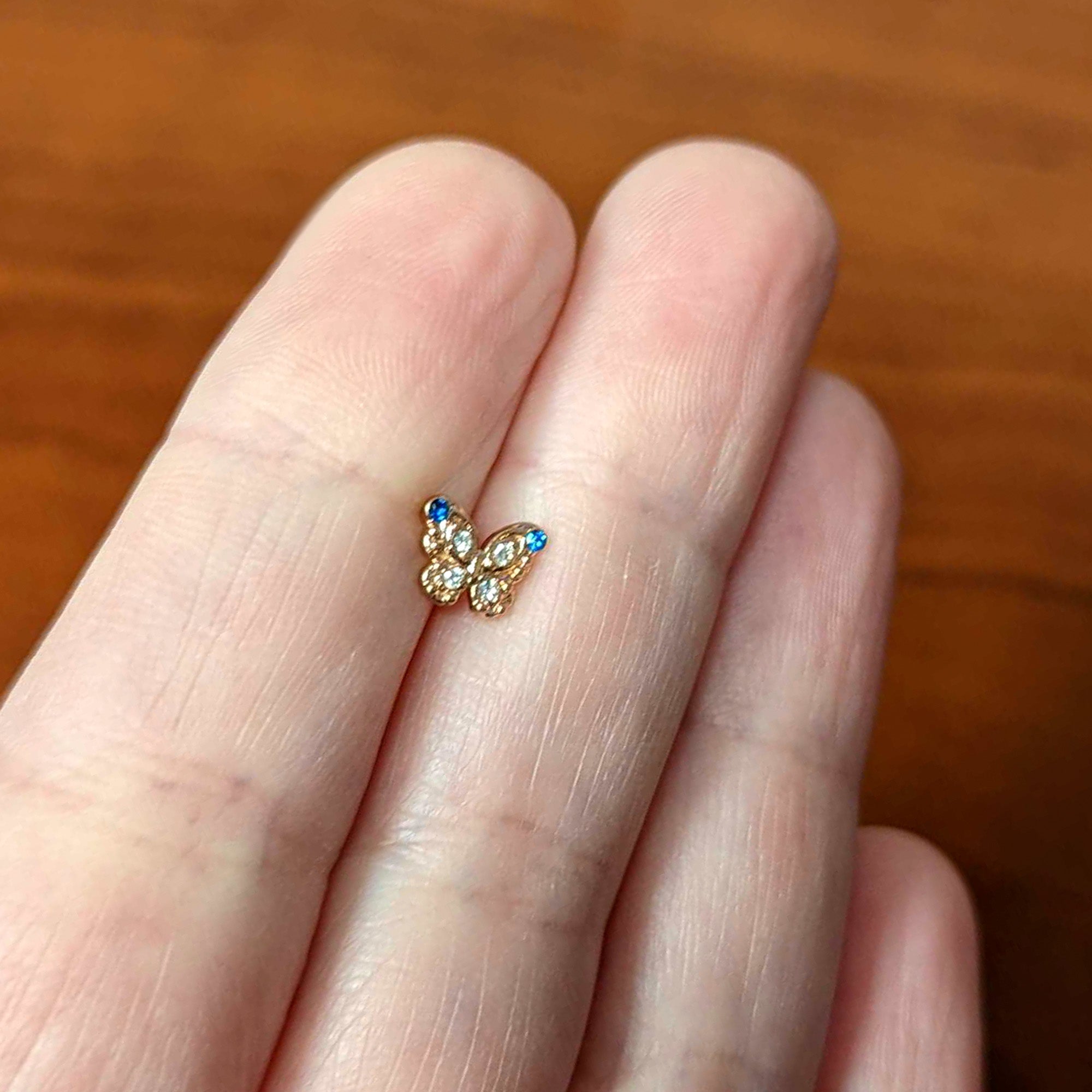 16G 5/16 Blue Gem Rose Gold Tone Butterfly Labret Monroe Tragus