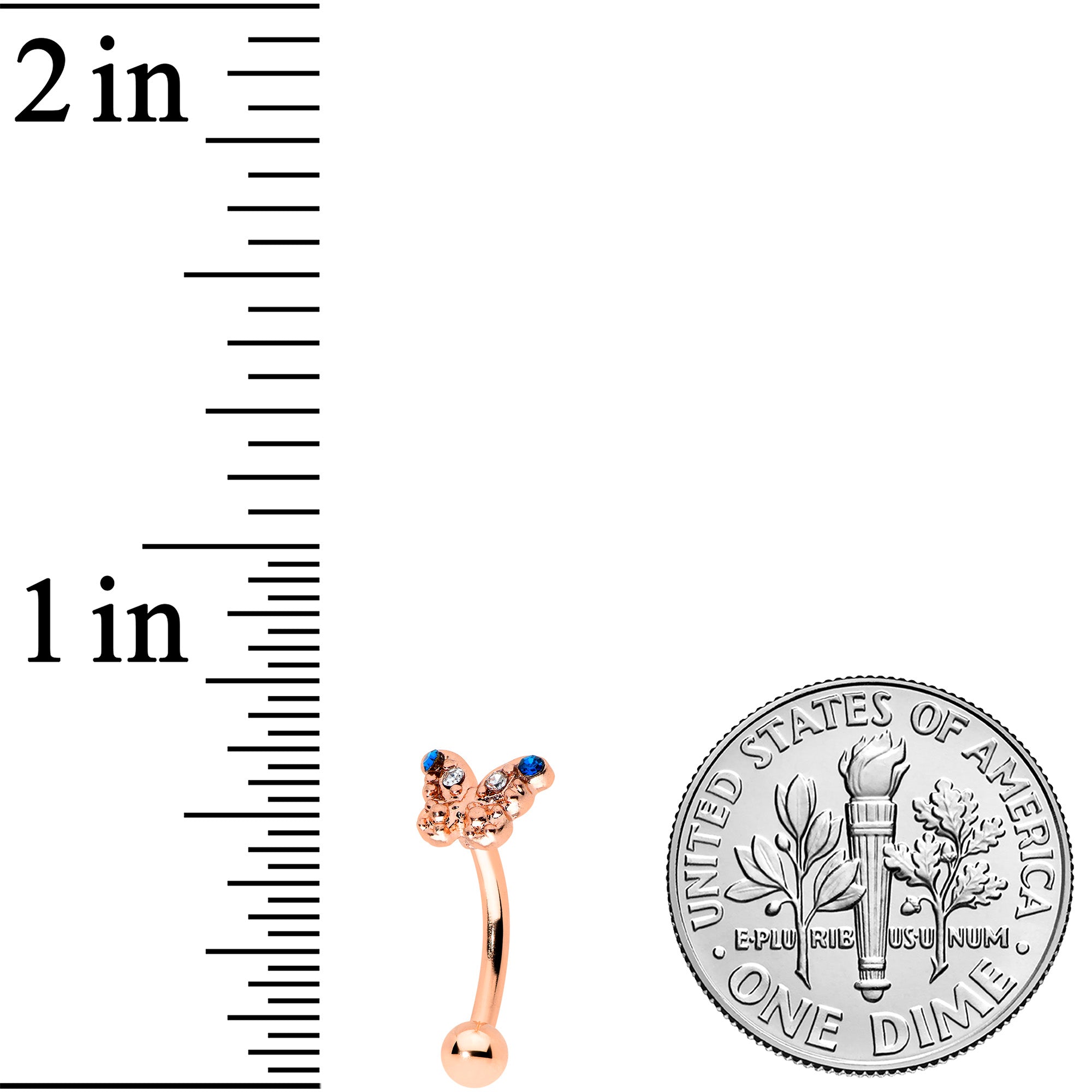 16G 5/16 Blue Gem Rose Gold Tone Butterfly Curved Eyebrow Ring