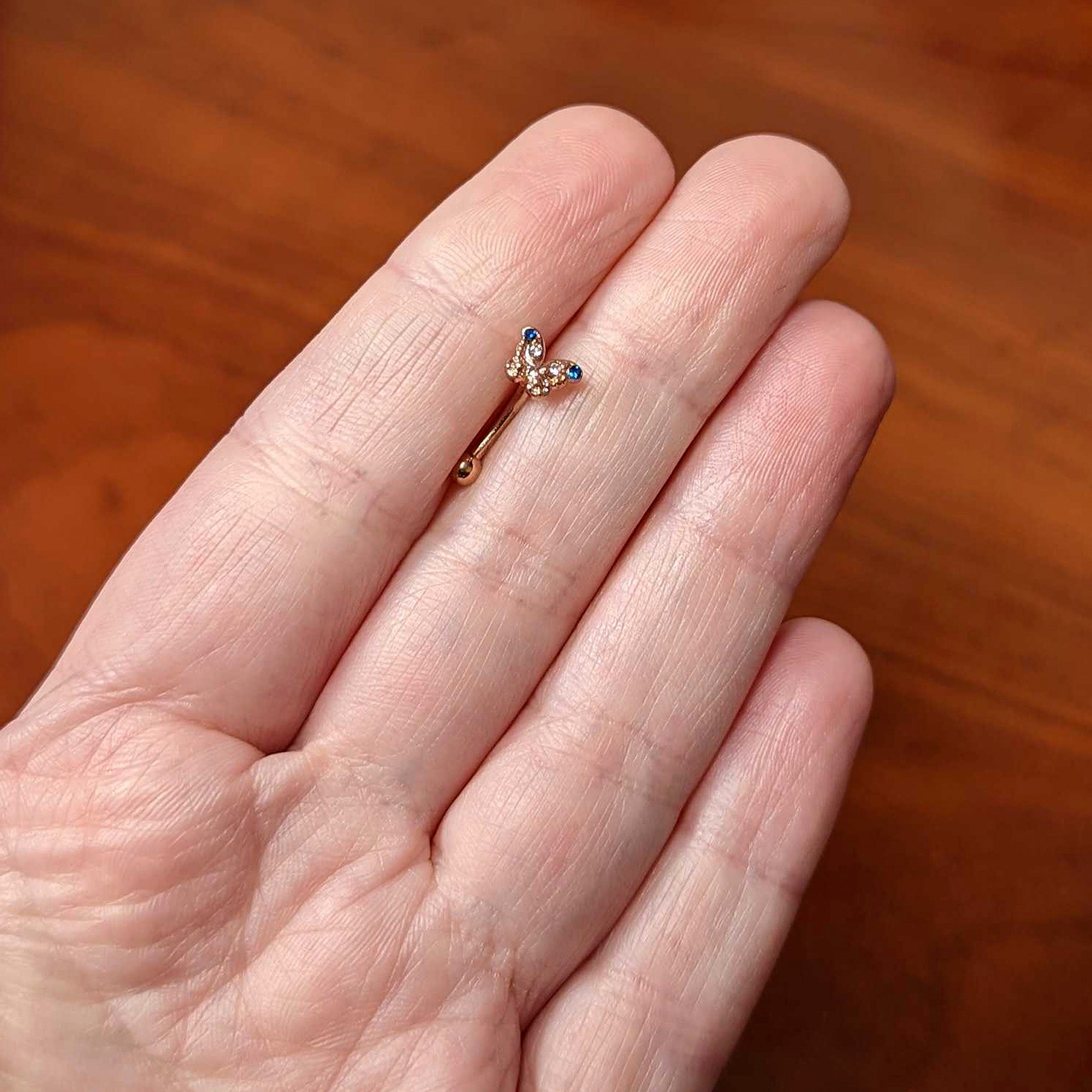 16G 5/16 Blue Gem Rose Gold Tone Butterfly Curved Eyebrow Ring