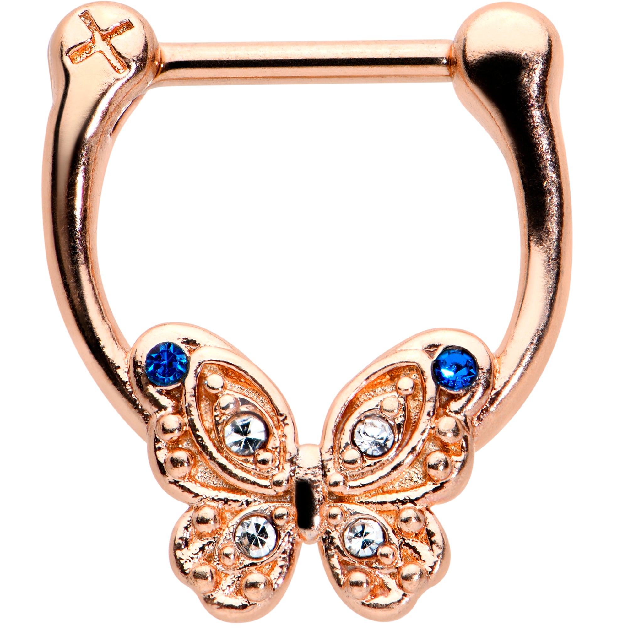 16 Gauge 5/16 Blue Gem Rose Gold Tone Butterfly Cartilage Clicker