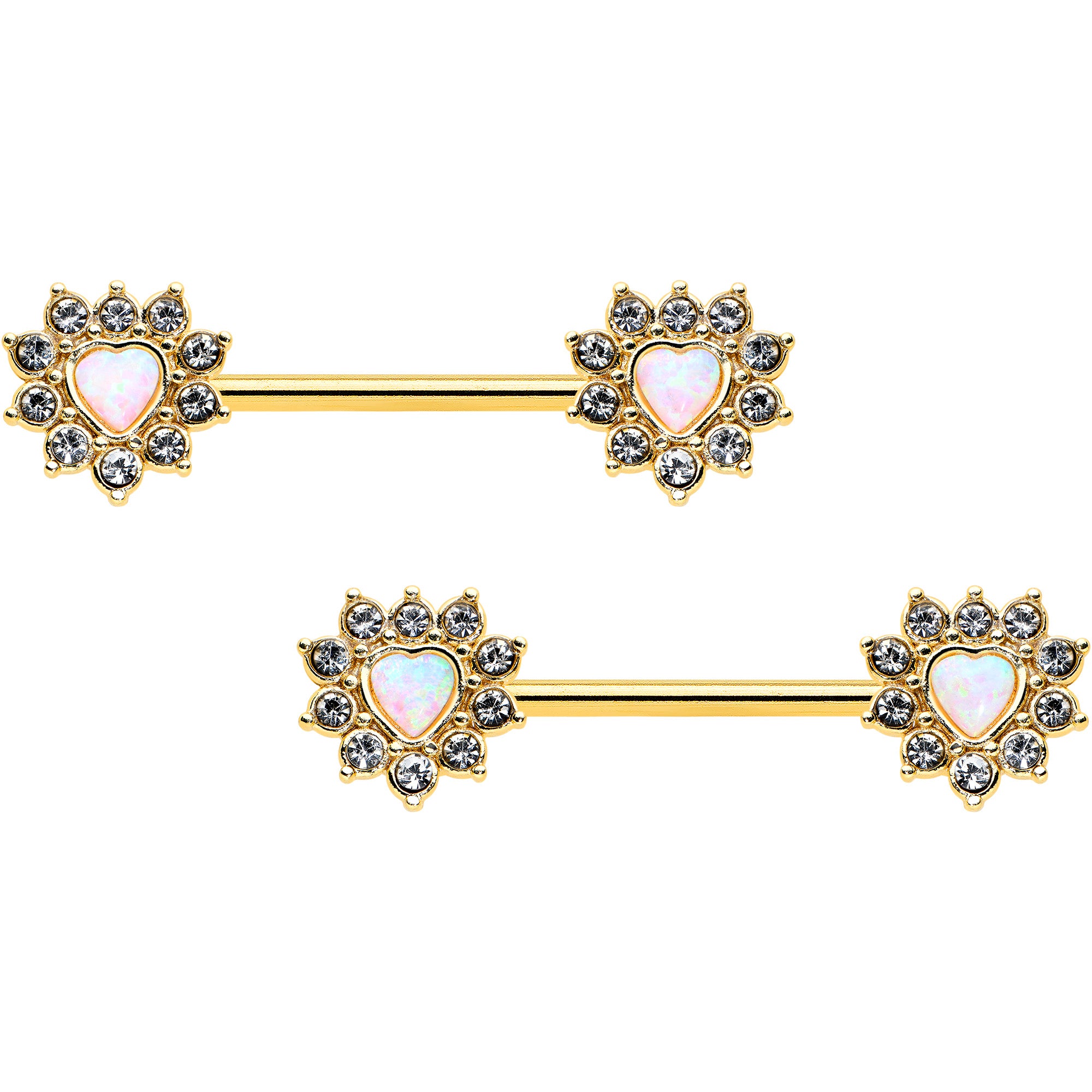 14G 9/16 White Synthetic Opal Gold Tone Sun Heart Nipple Ring Set