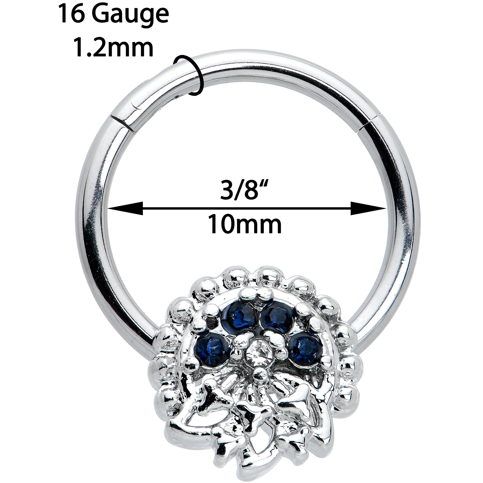 16G 3/8 Clear Blue Gem Abstract Arch Hinged Segment Ring