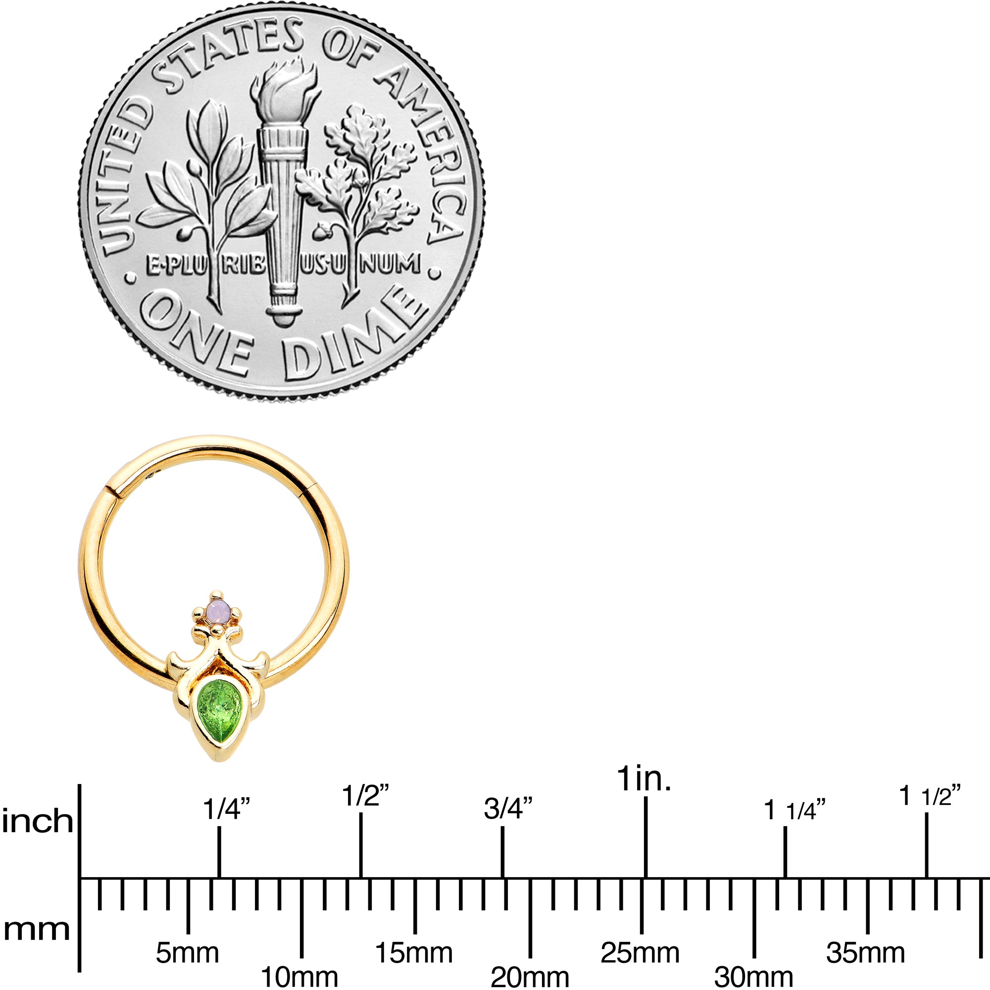 16G 3/8 Green Gem Gold Tone Shades of Spring Hinged Segment Ring