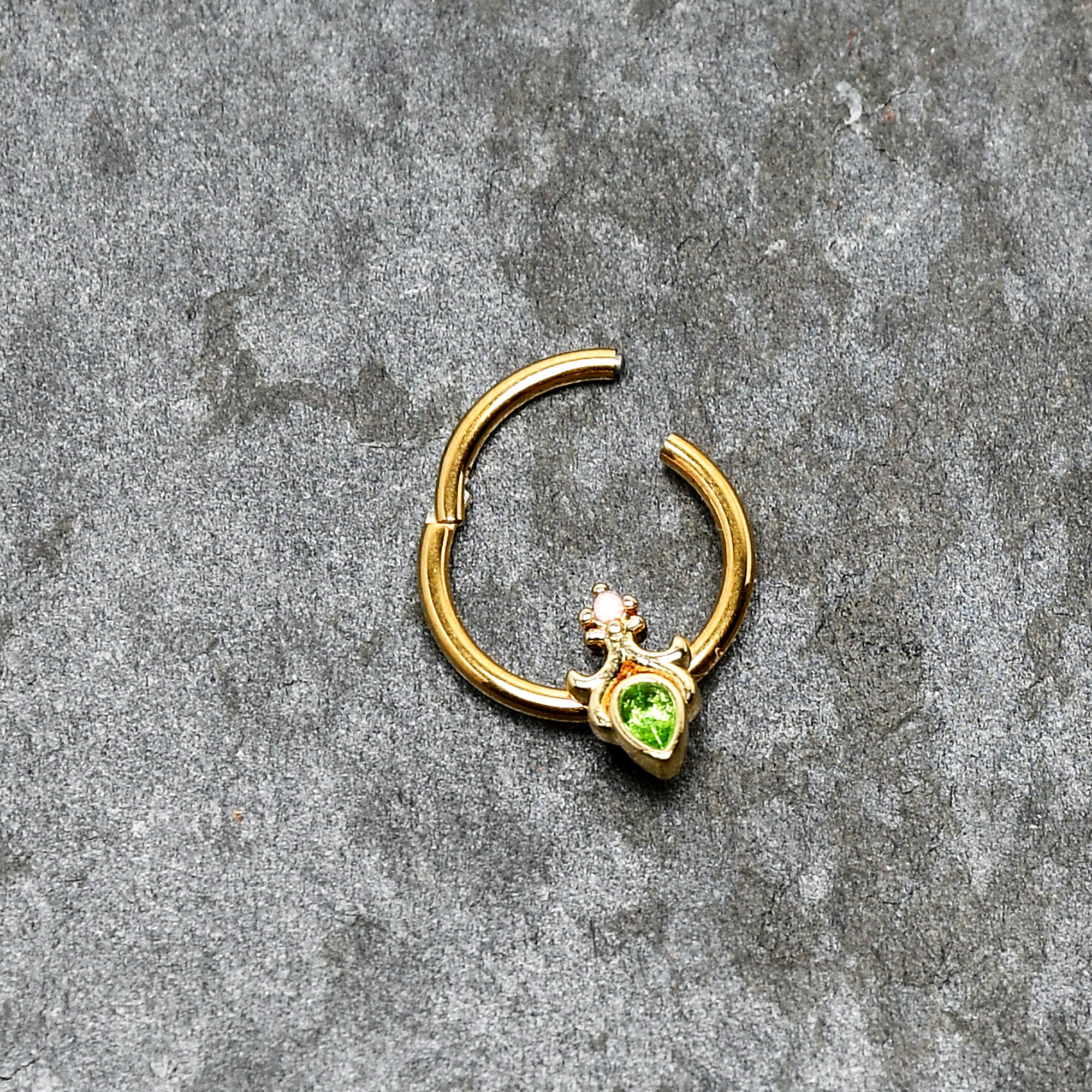 16G 3/8 Green Gem Gold Tone Shades of Spring Hinged Segment Ring