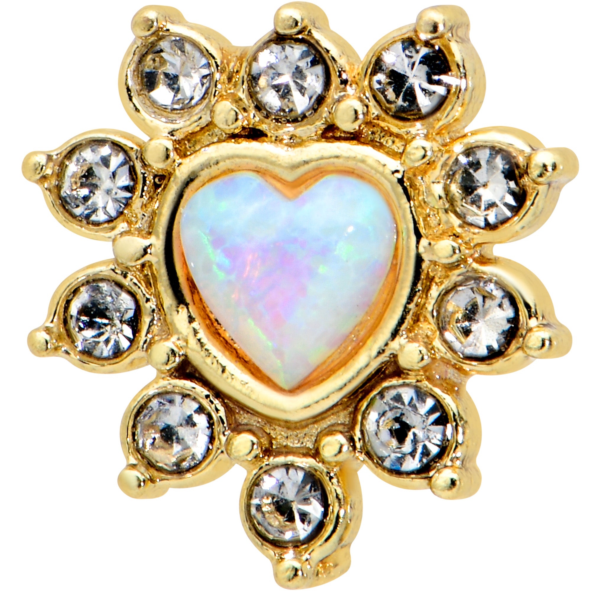 16 Gauge 5/16 White Faux Opal Gold Tone Sun Heart Labret Monroe Tragus