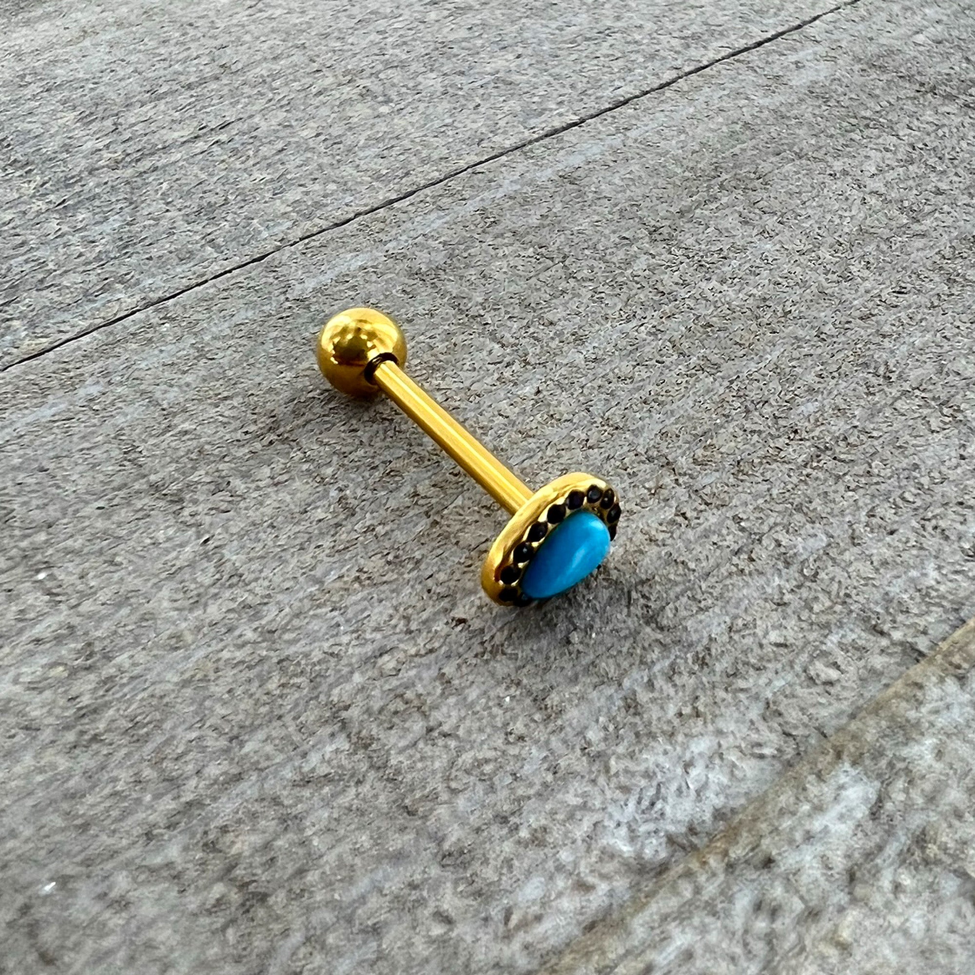 Gold Tone Southwestern Style Blue Drop Barbell Tongue Ring