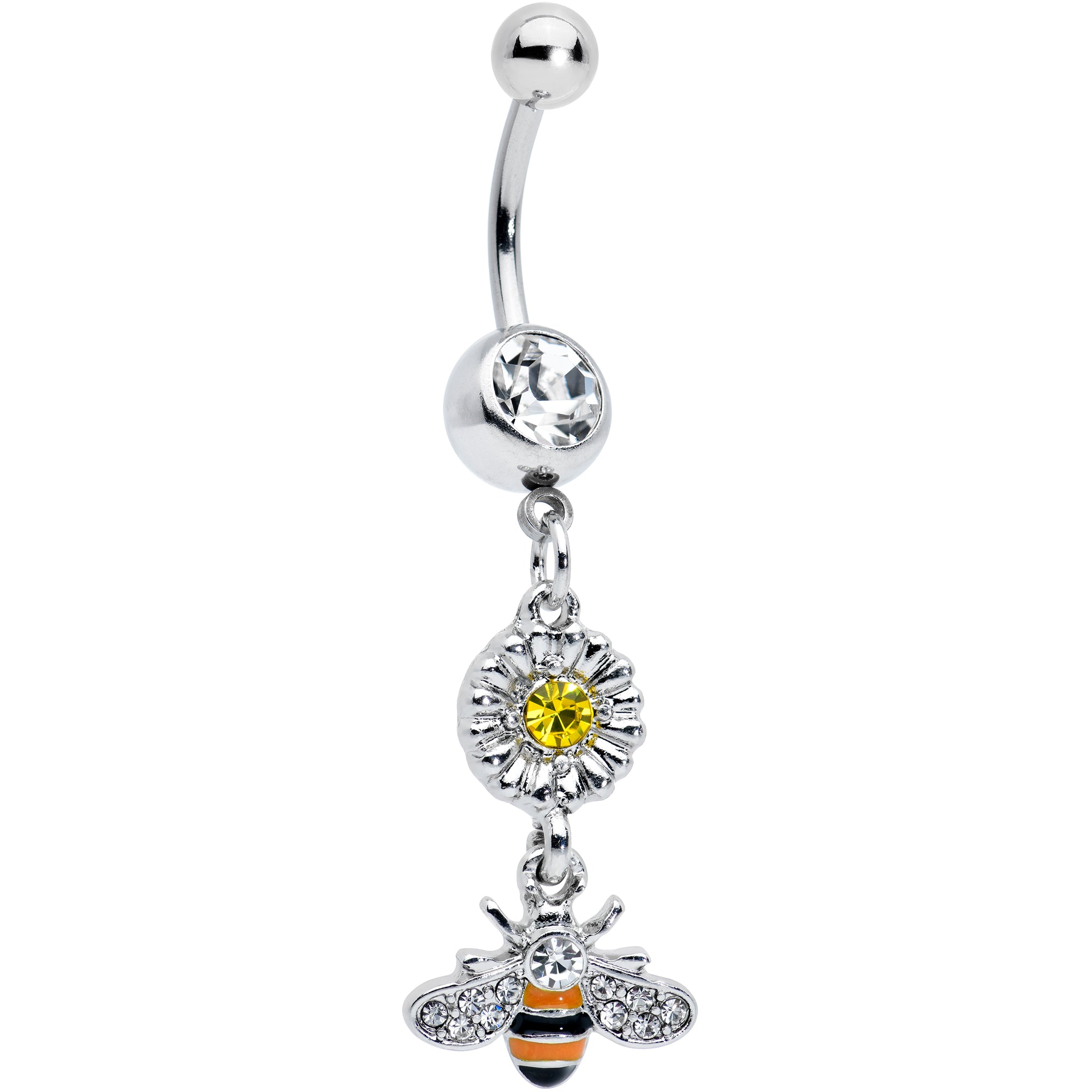 Clear Yellow Gem Striped Bee Daisy Flower Dangle Belly Ring