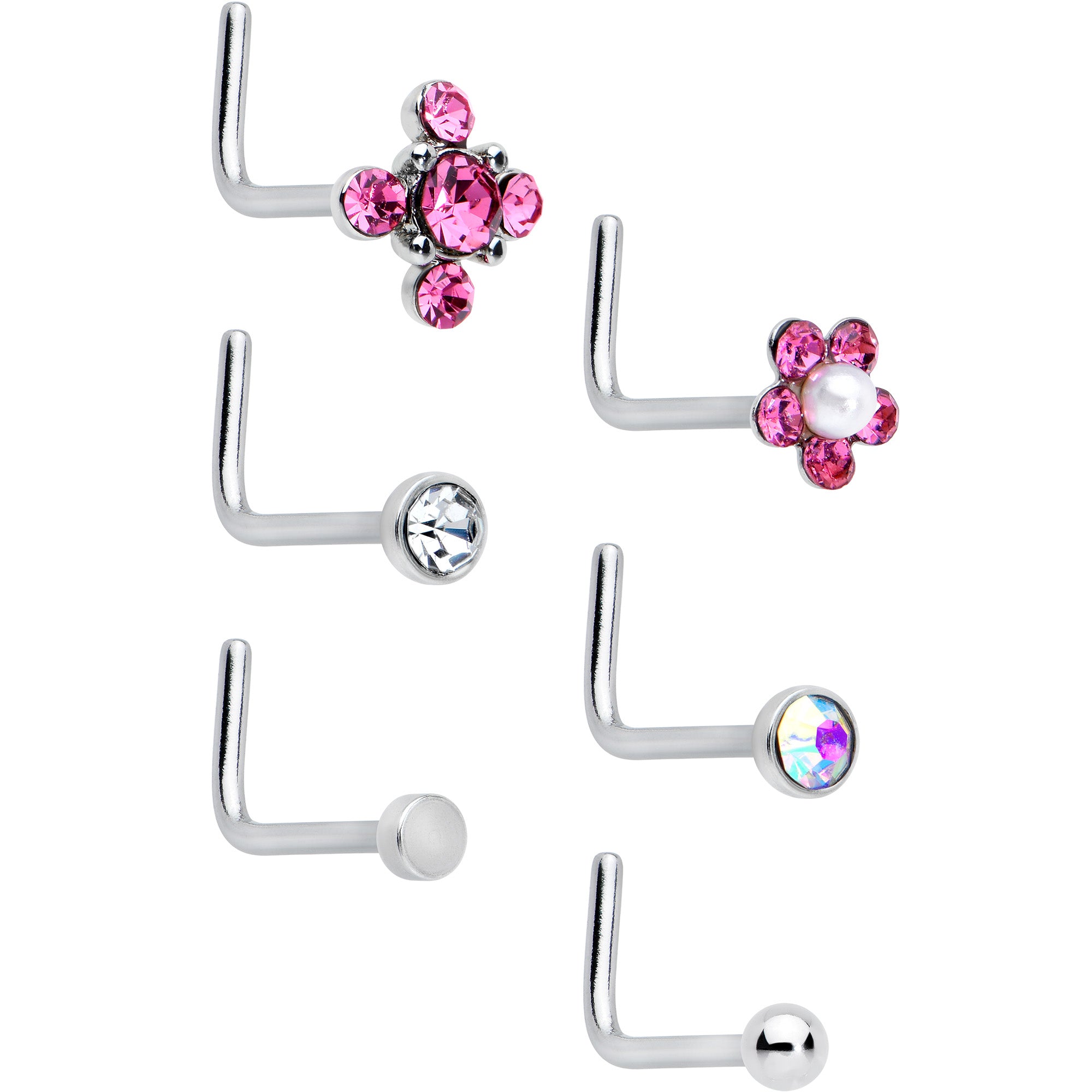 20G 1/4 Aurora Pink CZ Gem Flower L Shape Nose Ring Set of 6