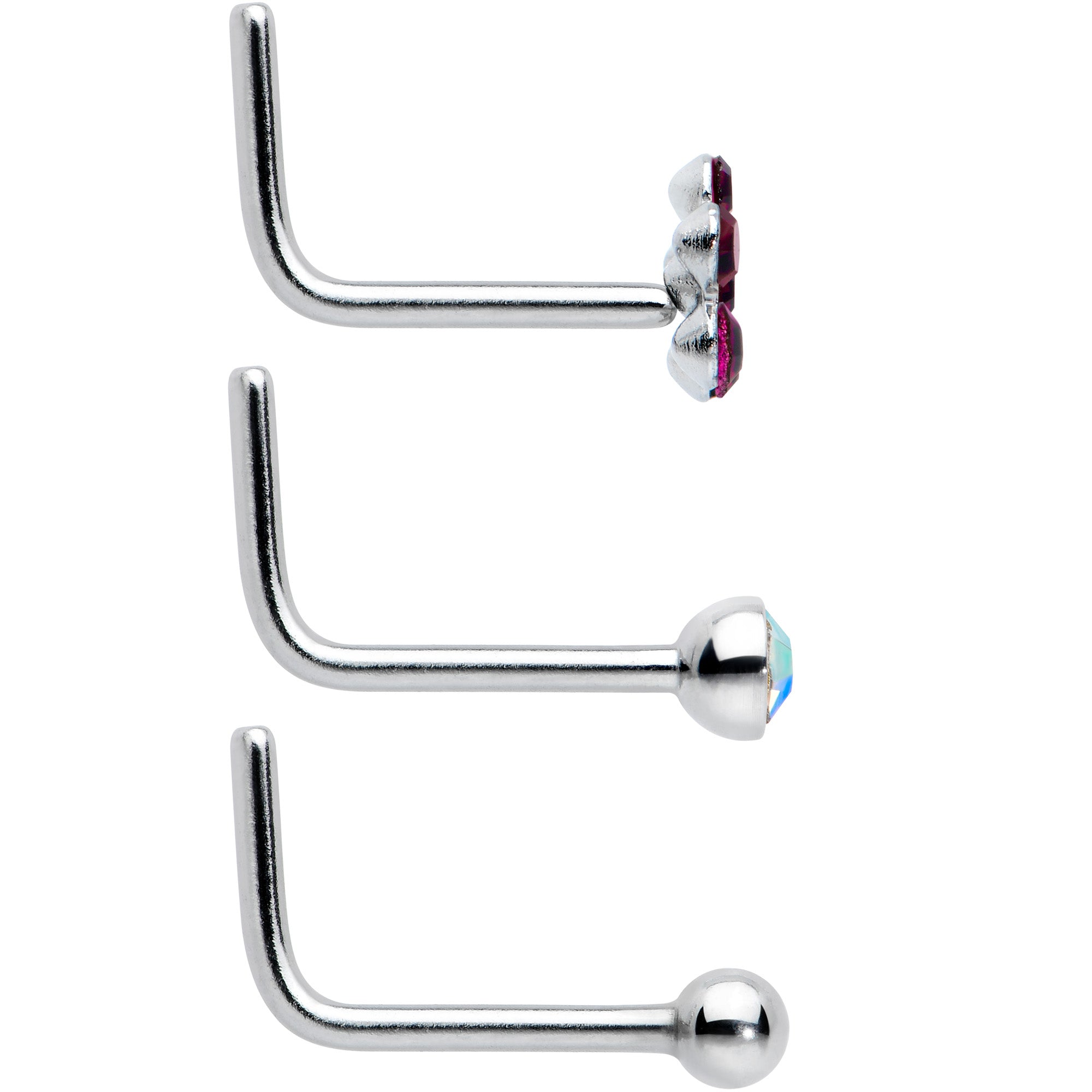 20G 1/4 Aurora Purple CZ Gem Flower Bow L Shape Nose Ring Set of 6