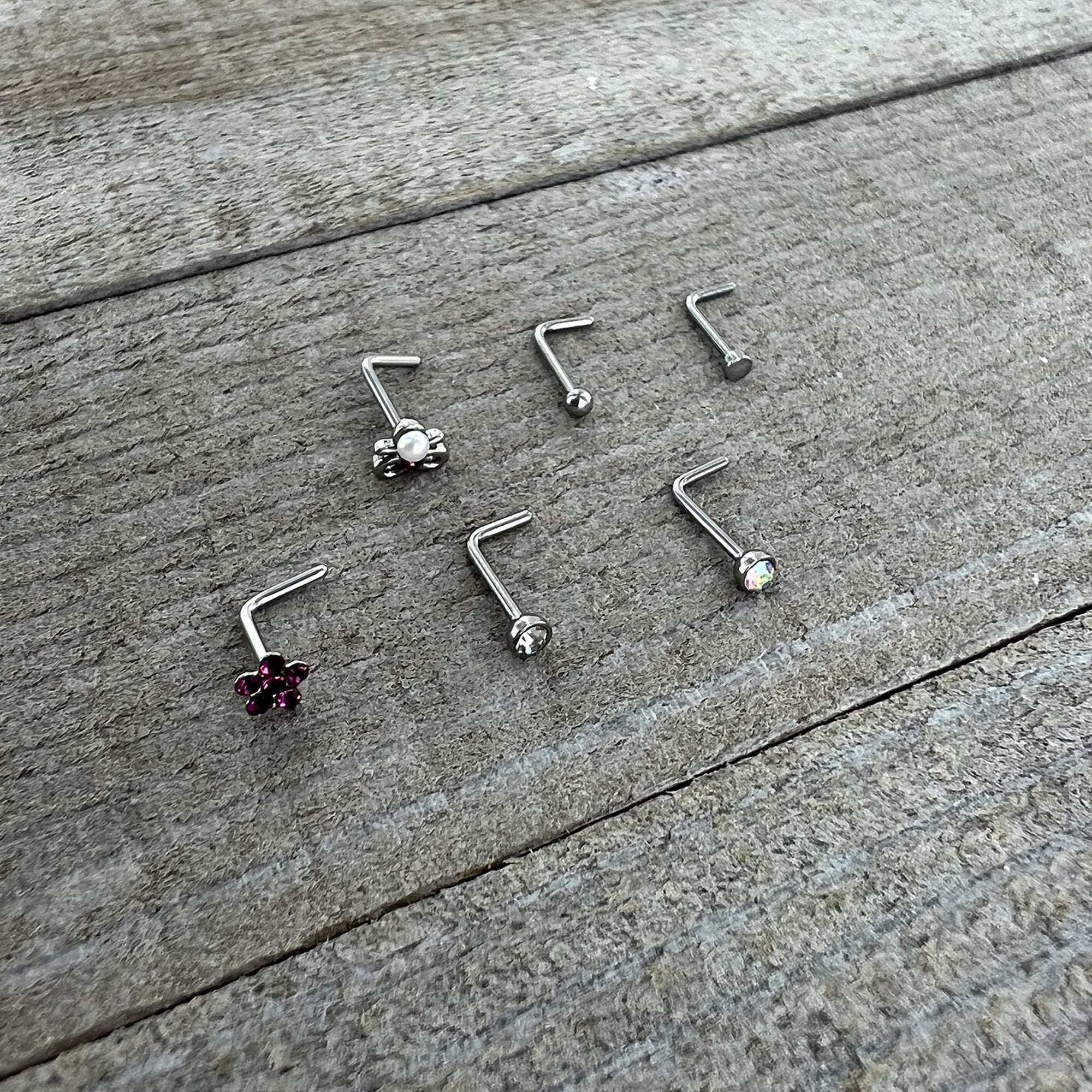 20G 1/4 Aurora Purple CZ Gem Flower Bow L Shape Nose Ring Set of 6