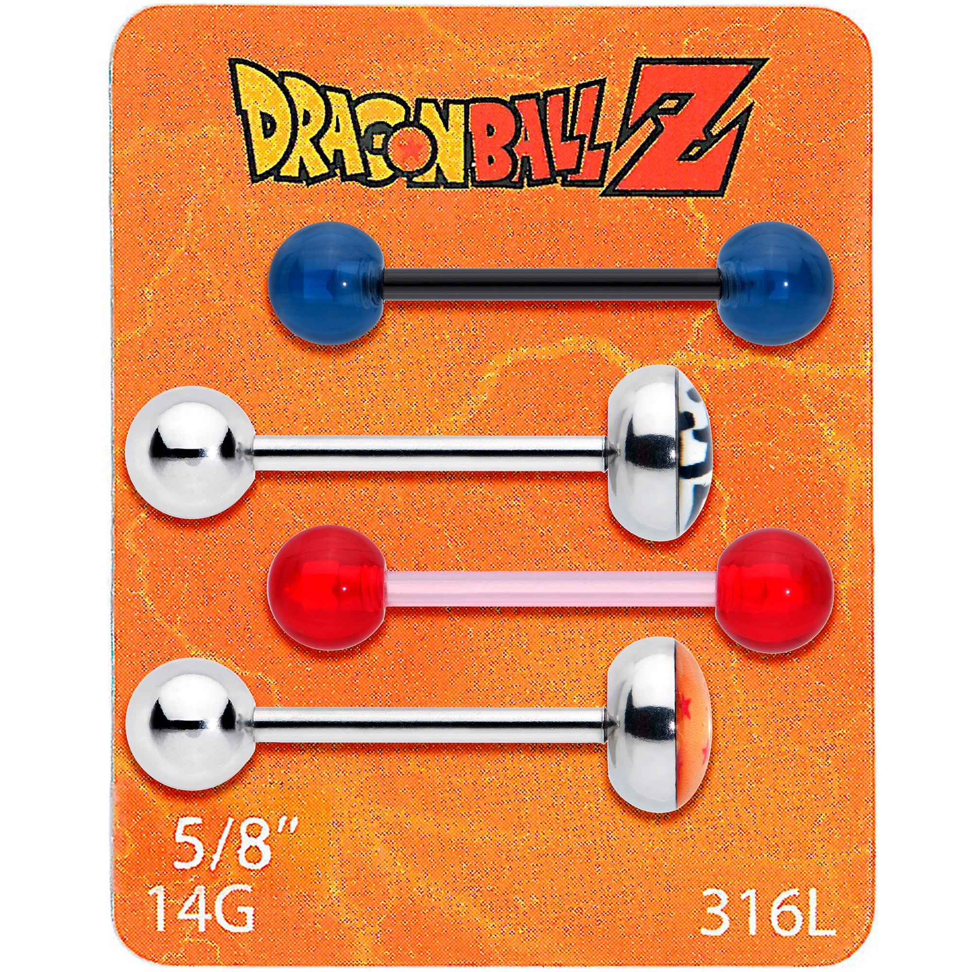 Licensed Dragonball Z Blue Red Star Kanji Barbell Tongue Ring Set of 4