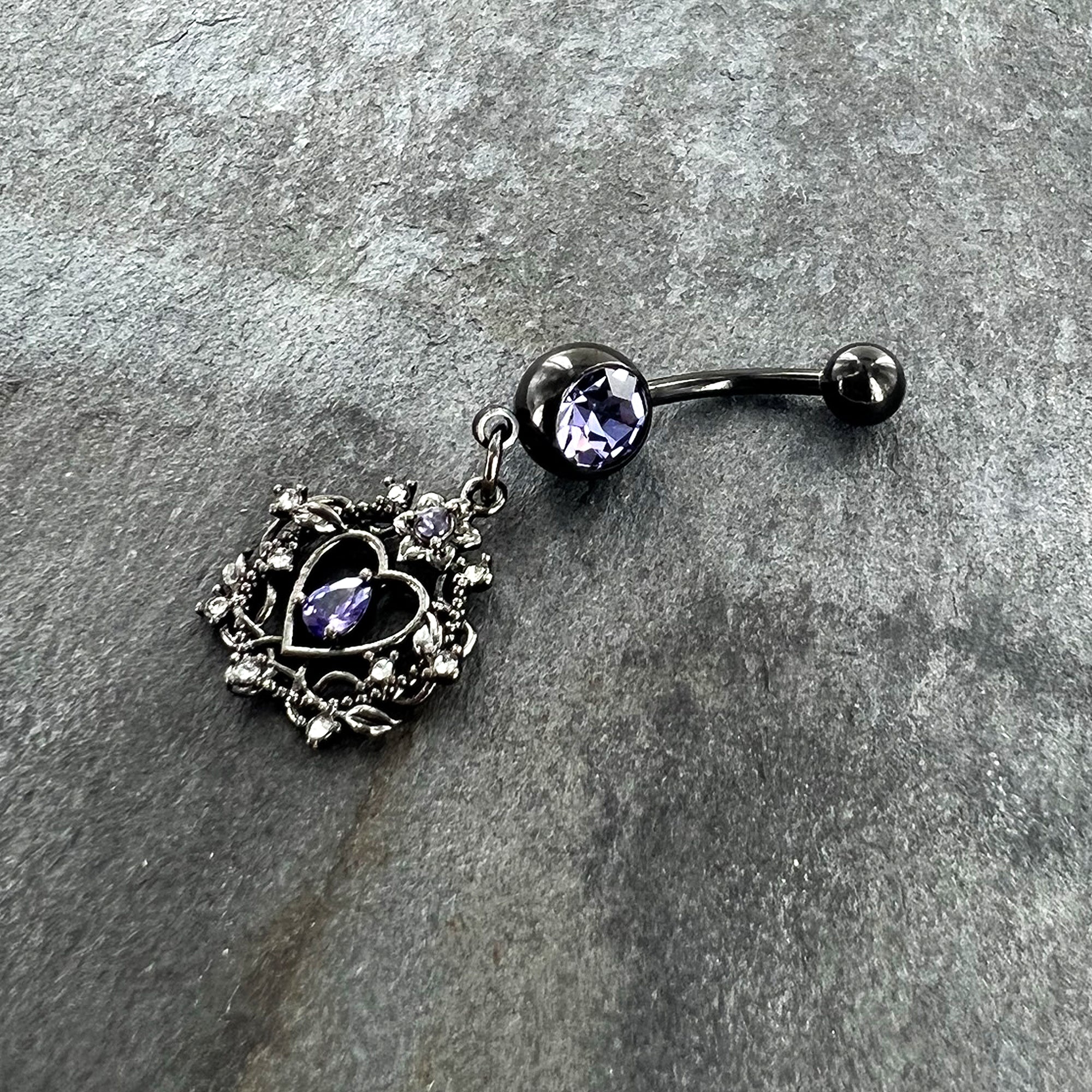 Purple Gem Black Regal Crown Dangle Belly Ring