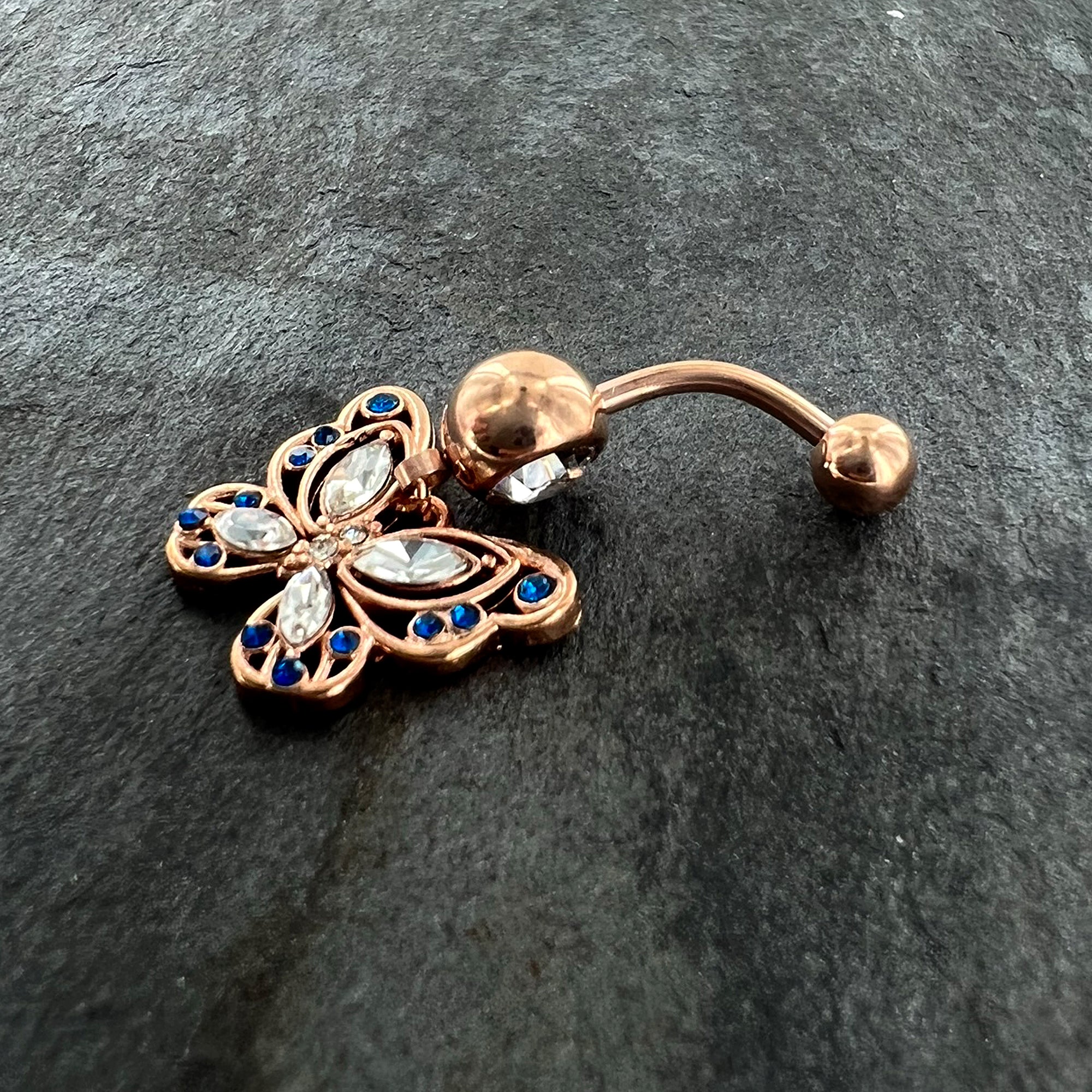 Blue Clear Gem Rose Gold Tone Butterfly Wings Dangle Belly Ring