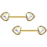14 Gauge 9/16 Aurora Gem Gold Hue Rococo Heart Barbell Nipple Ring Set