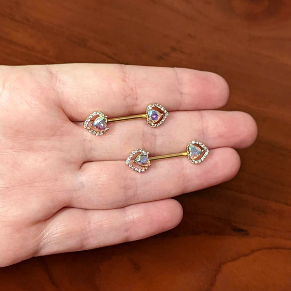 14 Gauge 9/16 Aurora Gem Gold Hue Rococo Heart Barbell Nipple Ring Set