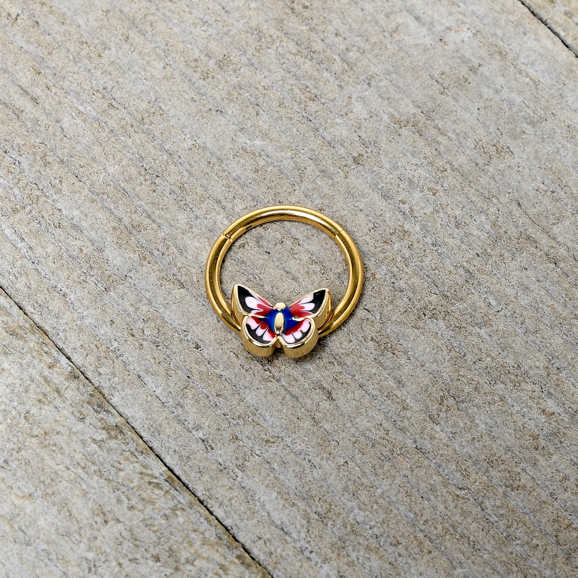 16G 3/8 Gold Tone Red Pink Blue Butterfly Hinged Segment Ring