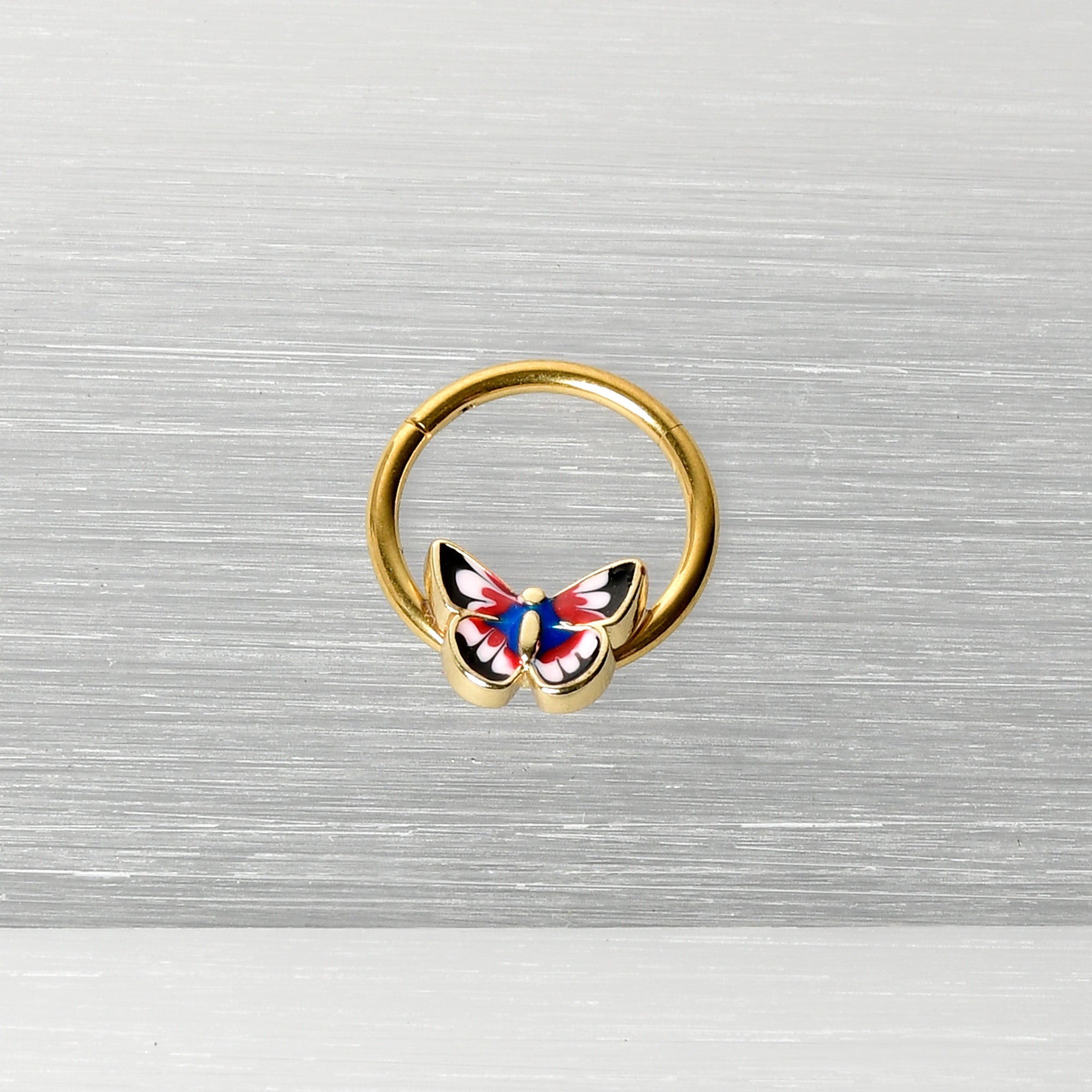 16G 3/8 Gold Tone Red Pink Blue Butterfly Hinged Segment Ring