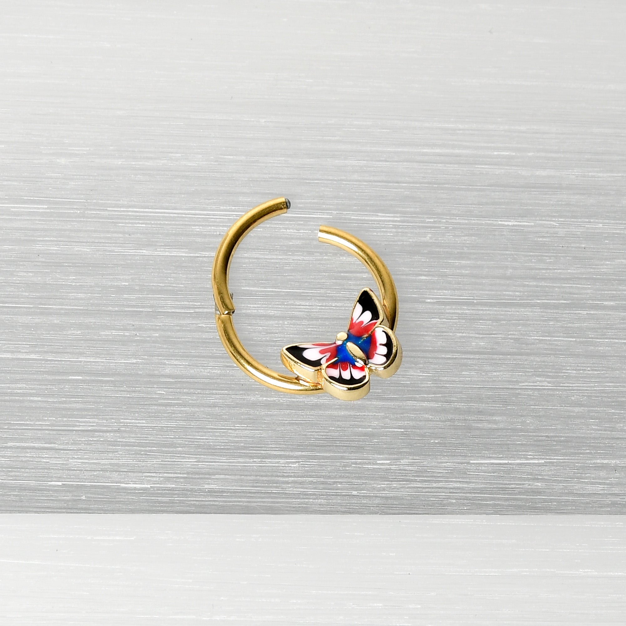 16G 3/8 Gold Tone Red Pink Blue Butterfly Hinged Segment Ring