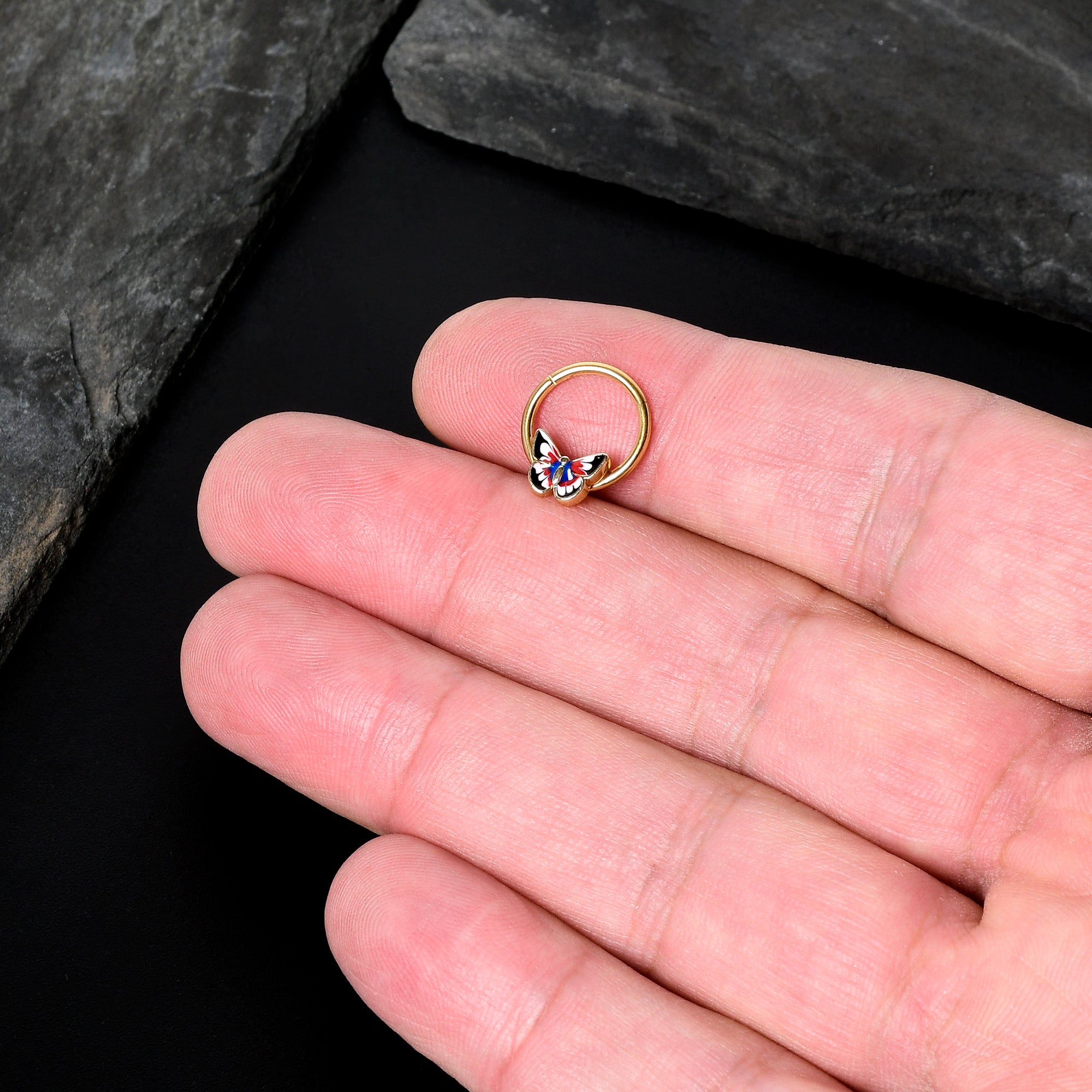 16G 3/8 Gold Tone Red Pink Blue Butterfly Hinged Segment Ring