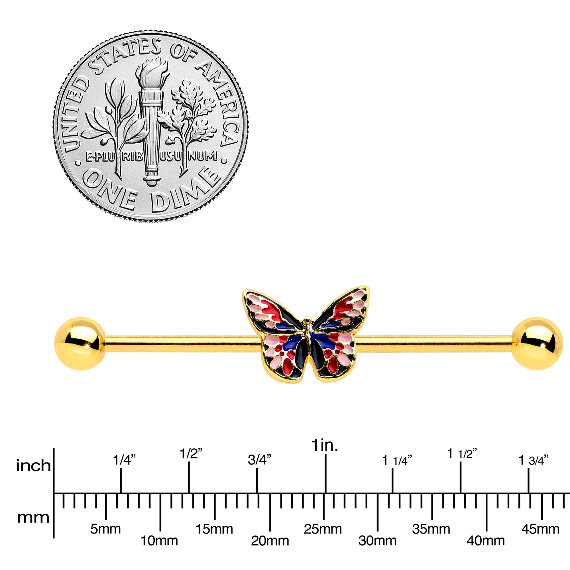 14G Gold Tone Red Blue Pink Butterfly Industrial Barbell 38mm