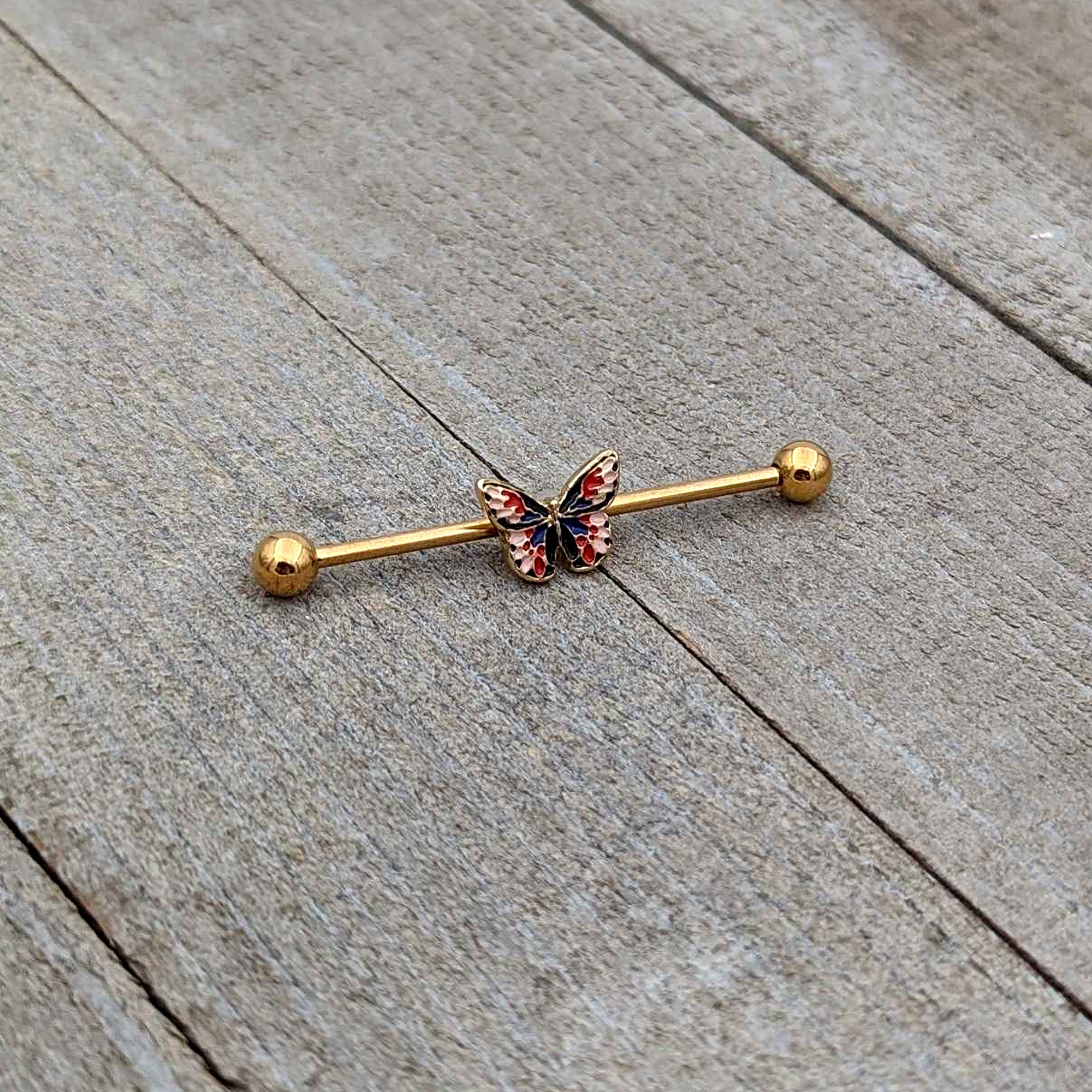 14G Gold Tone Red Blue Pink Butterfly Industrial Barbell 38mm