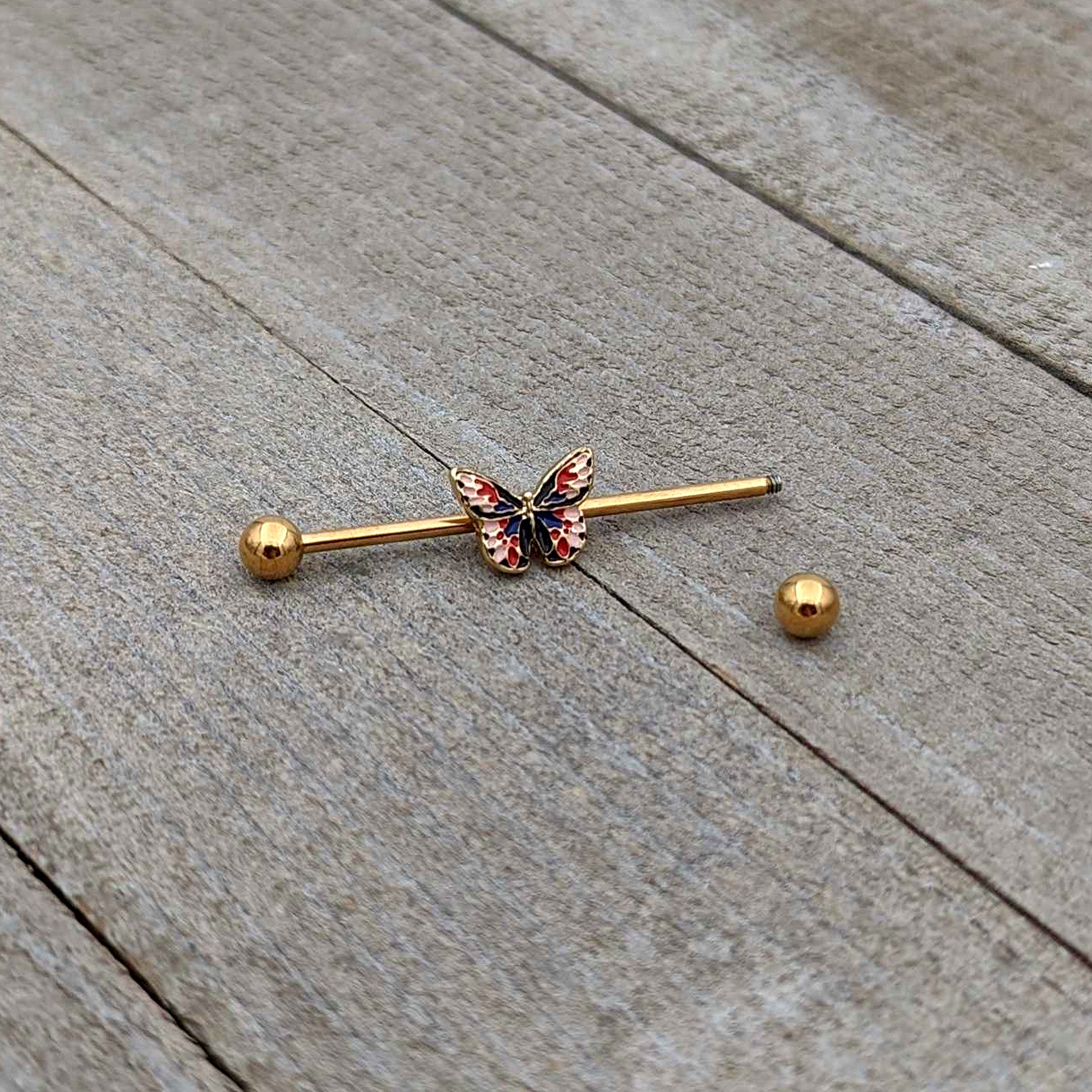 14G Gold Tone Red Blue Pink Butterfly Industrial Barbell 38mm